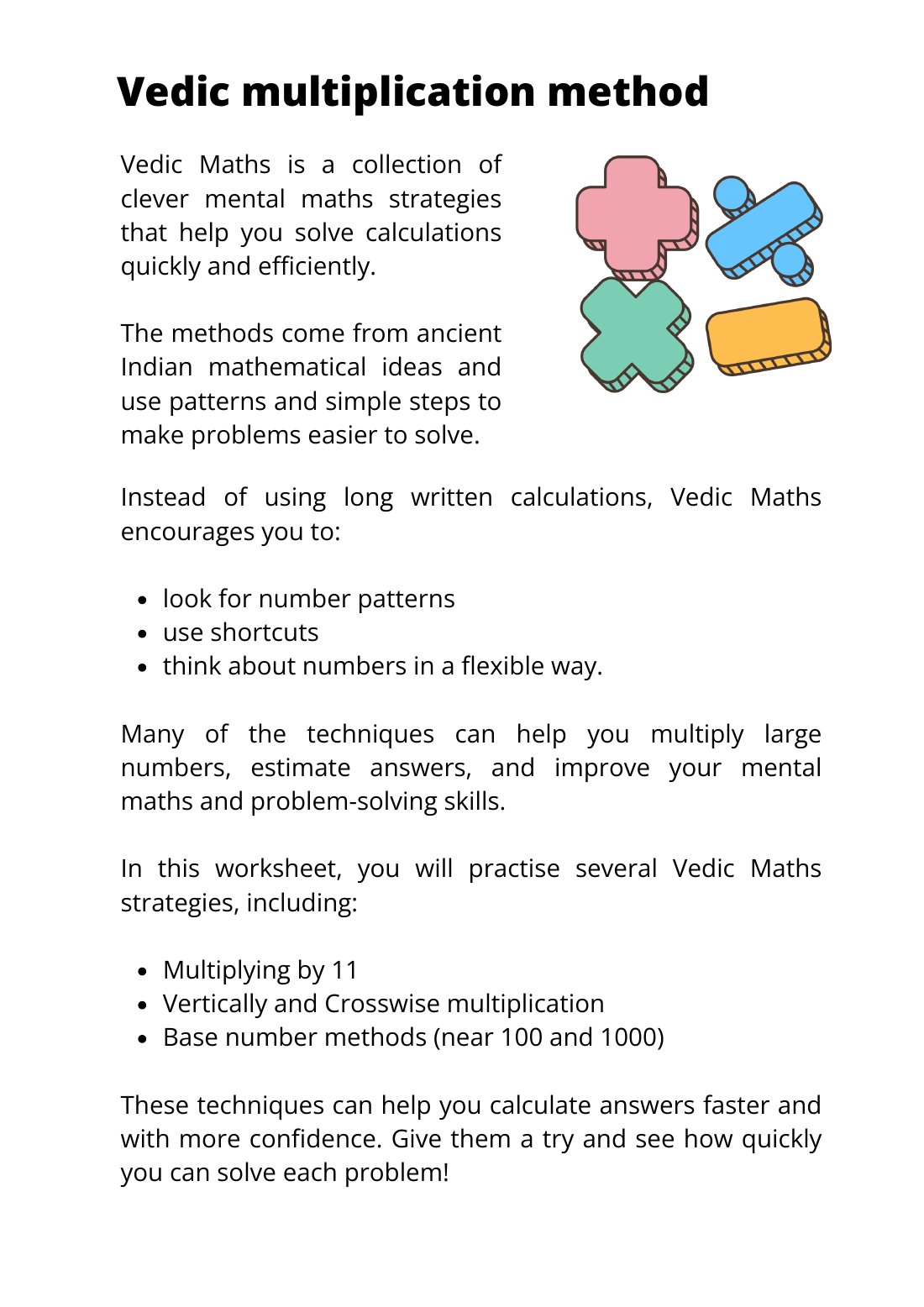 First page of Vedic Multiplication Method Digital Worksheet