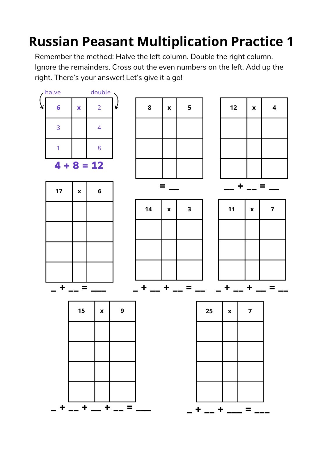 First page of Russian Multiplication Maths Worksheet