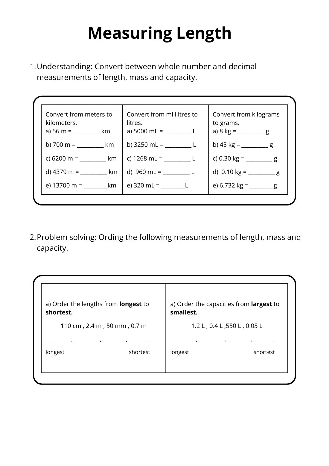 First page of Measuring Length Worksheet