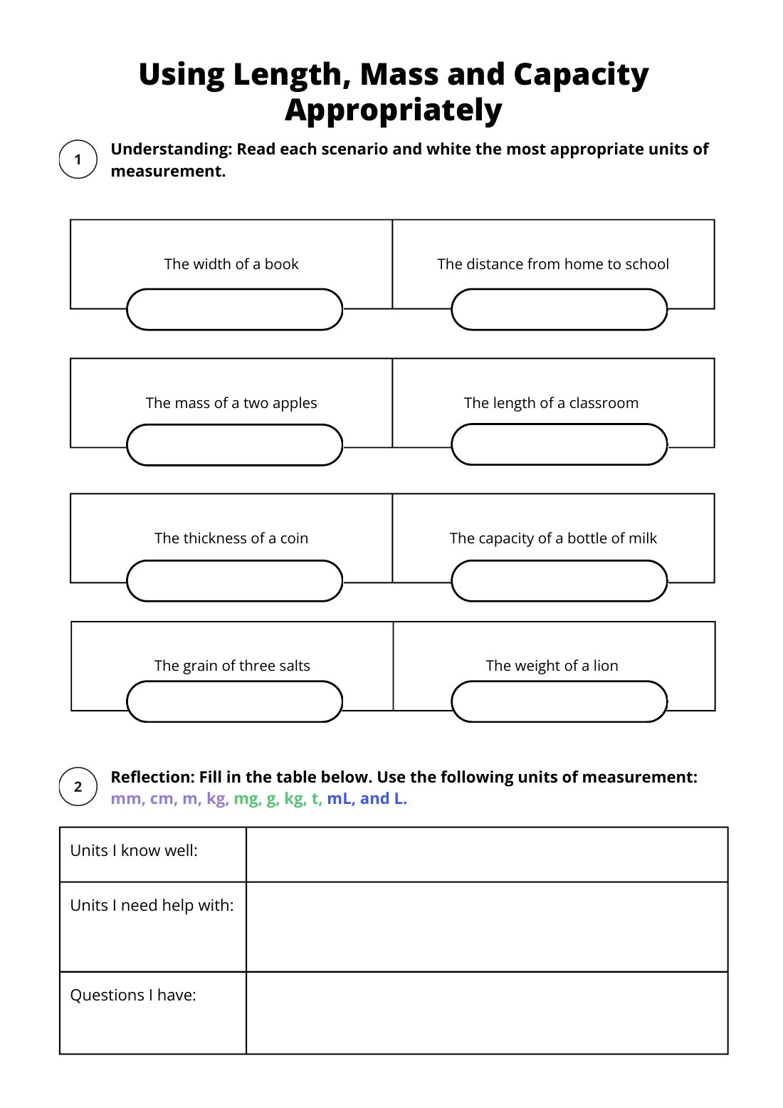 First page of Using Length, Mass and Capacity Appropriately Worksheet
