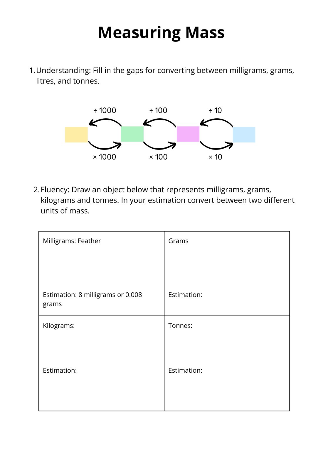 First page of Measuring Mass Worksheet