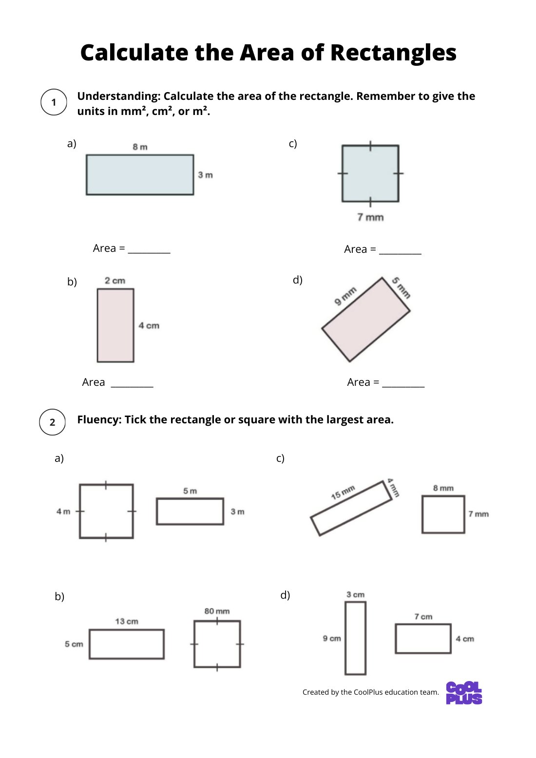 First page of Calculate the Area of Rectangles Worksheet