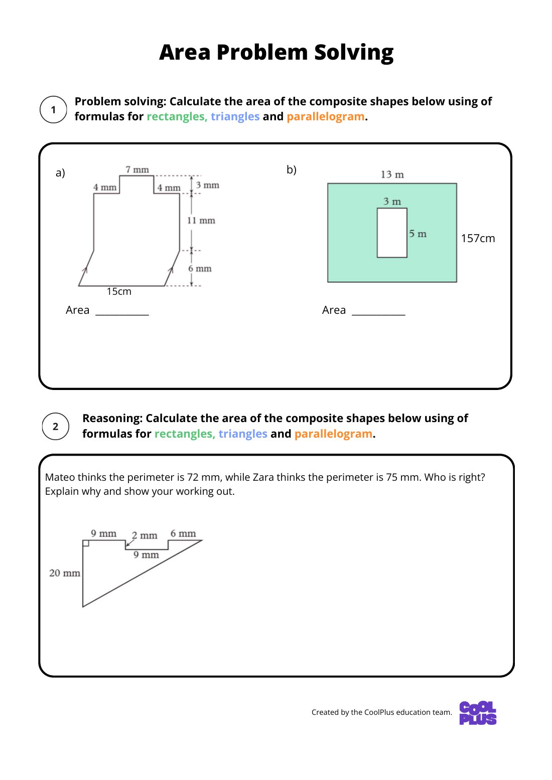 First page of Area Problem Solving Worksheet