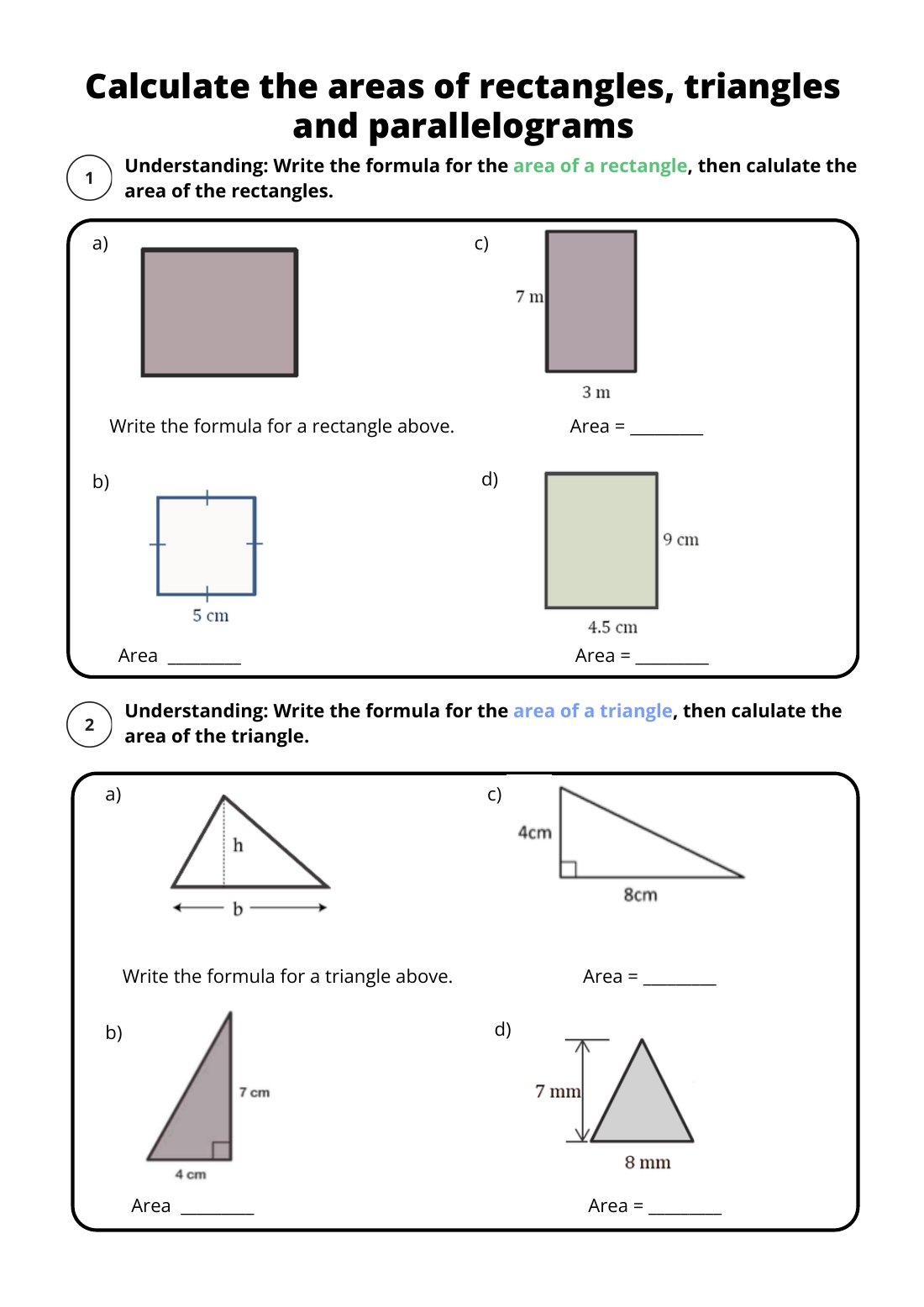 First page of Calculate the Areas of Rectangles, Triangles and Parallelograms Worksheet