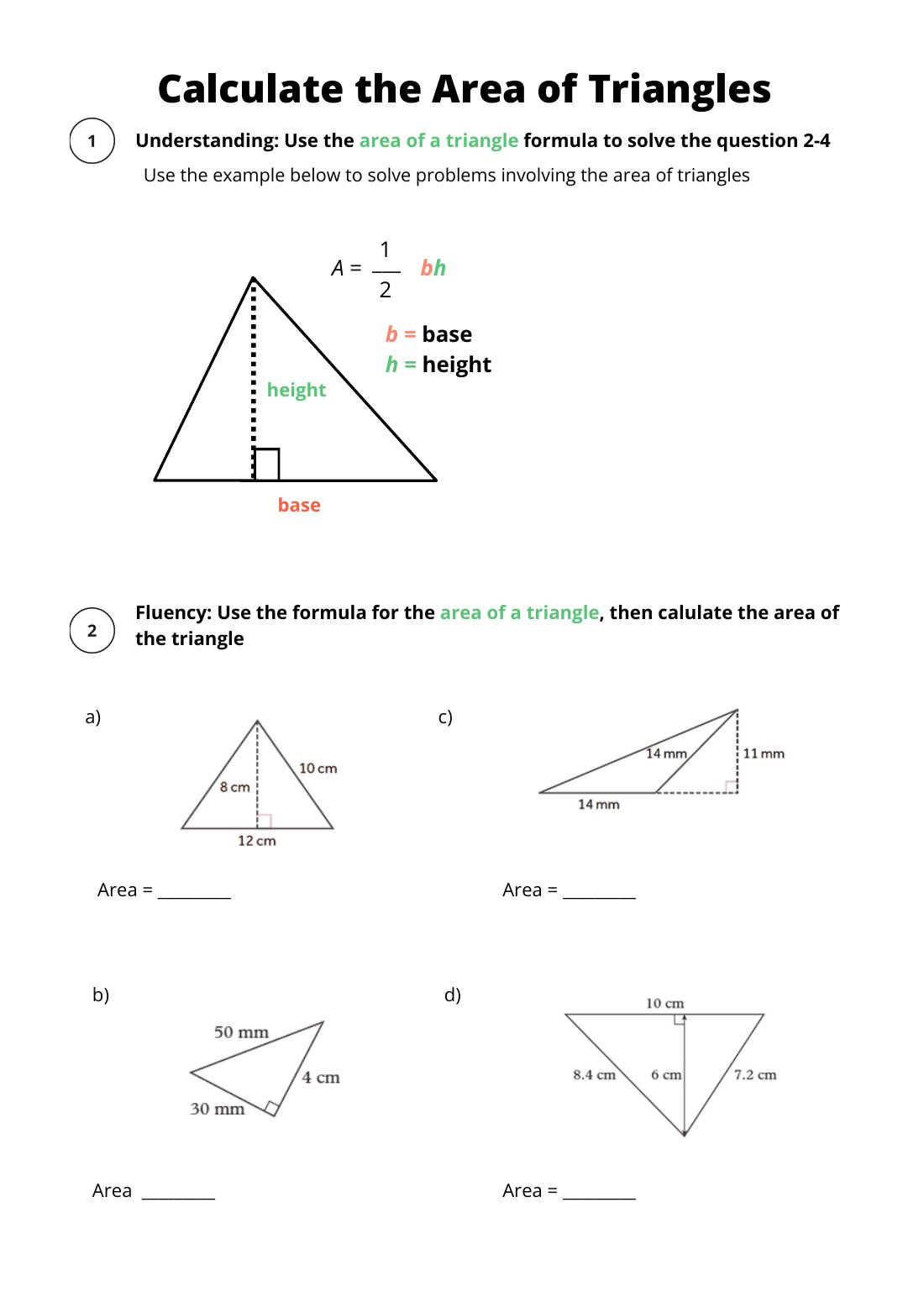 First page of Calculate the Area of Triangles Worksheet