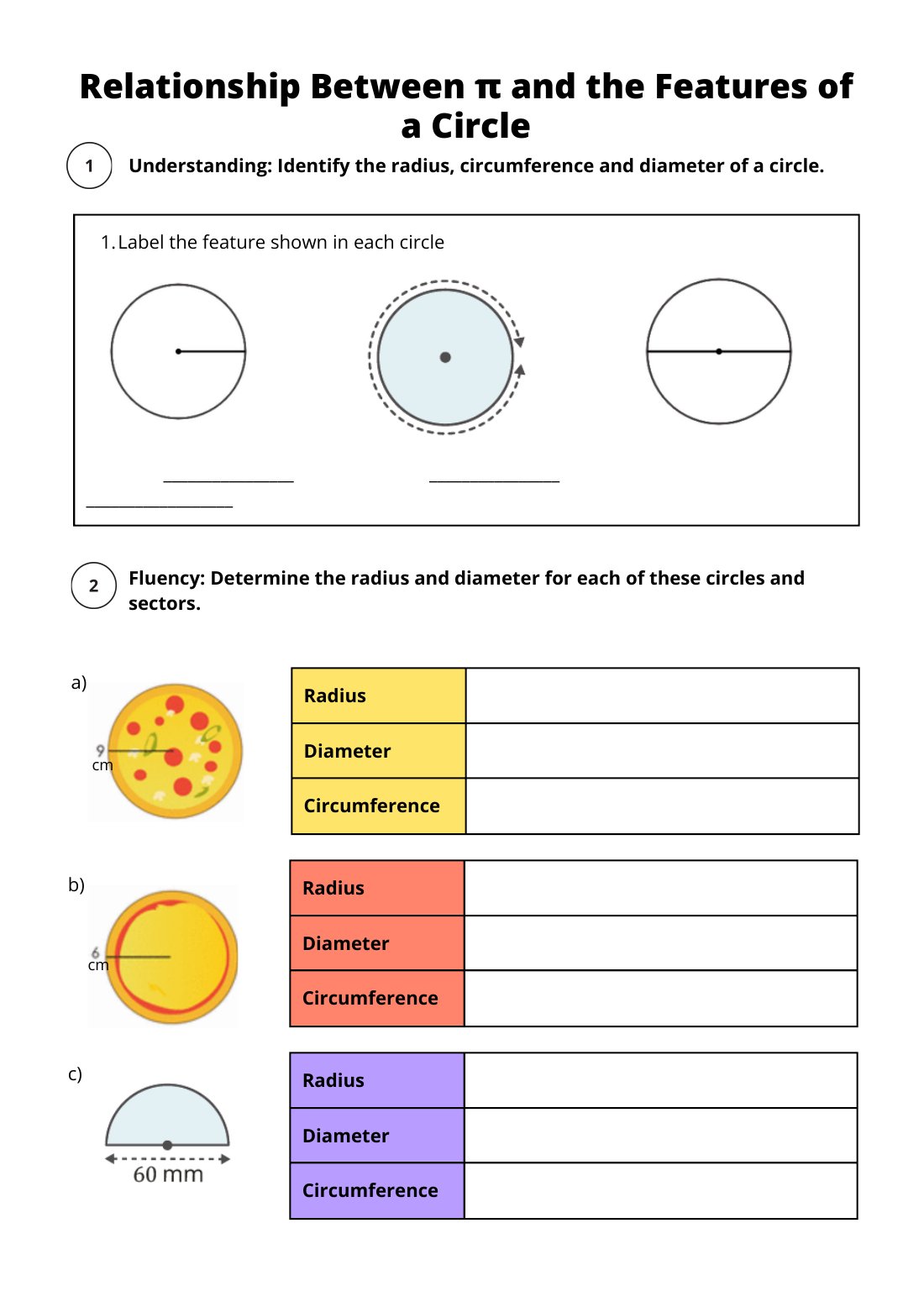 First page of Relationship Between π and the Features of a Circle Worksheet