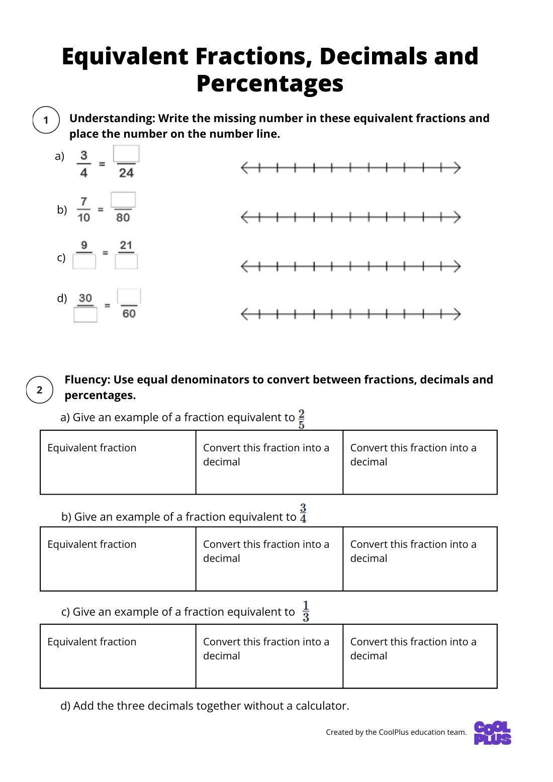 First page of Equivalent Fractions, Decimals and Percentages Worksheet