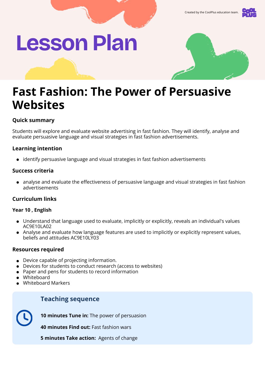 First page of Fast Fashion: The Power of Persuasive Websites Lesson Plan