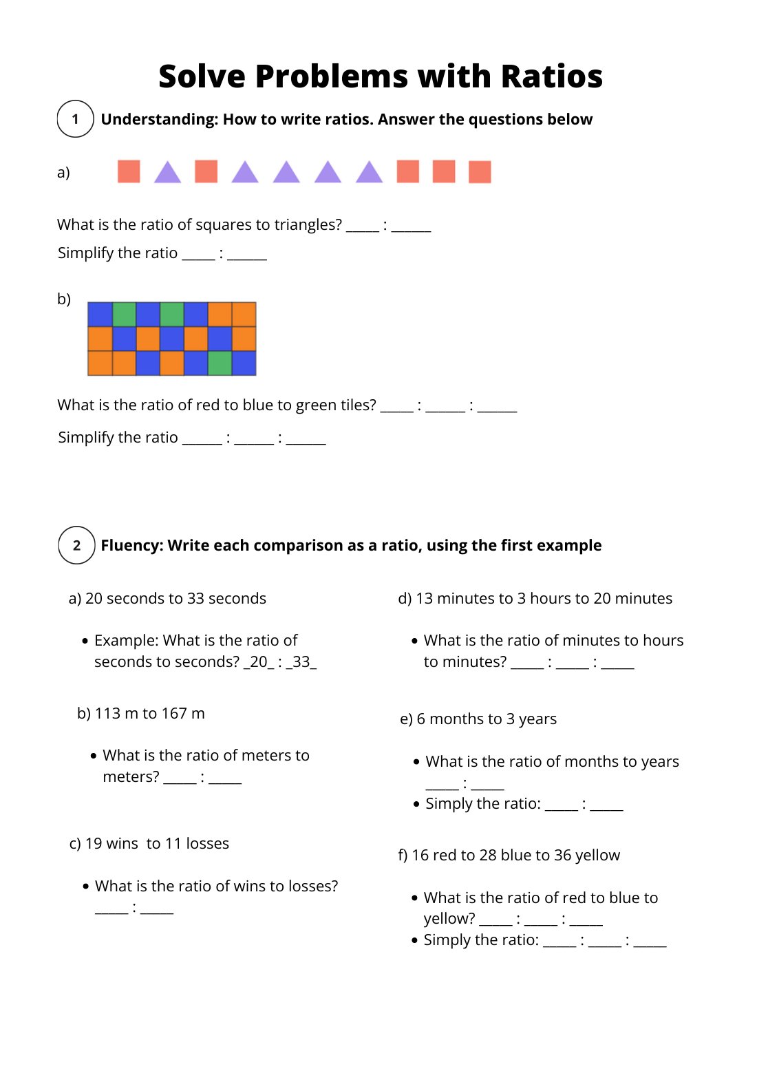 First page of Solve Problems with Ratios Worksheet