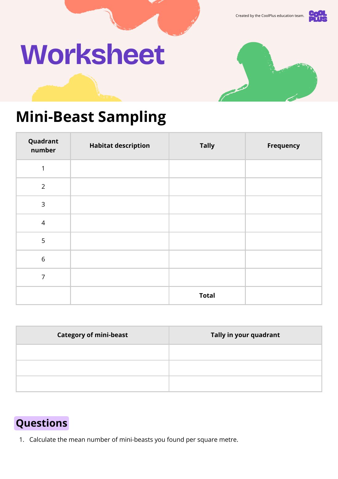 First page of Mini-Beast Quadrant Sampling Worksheet