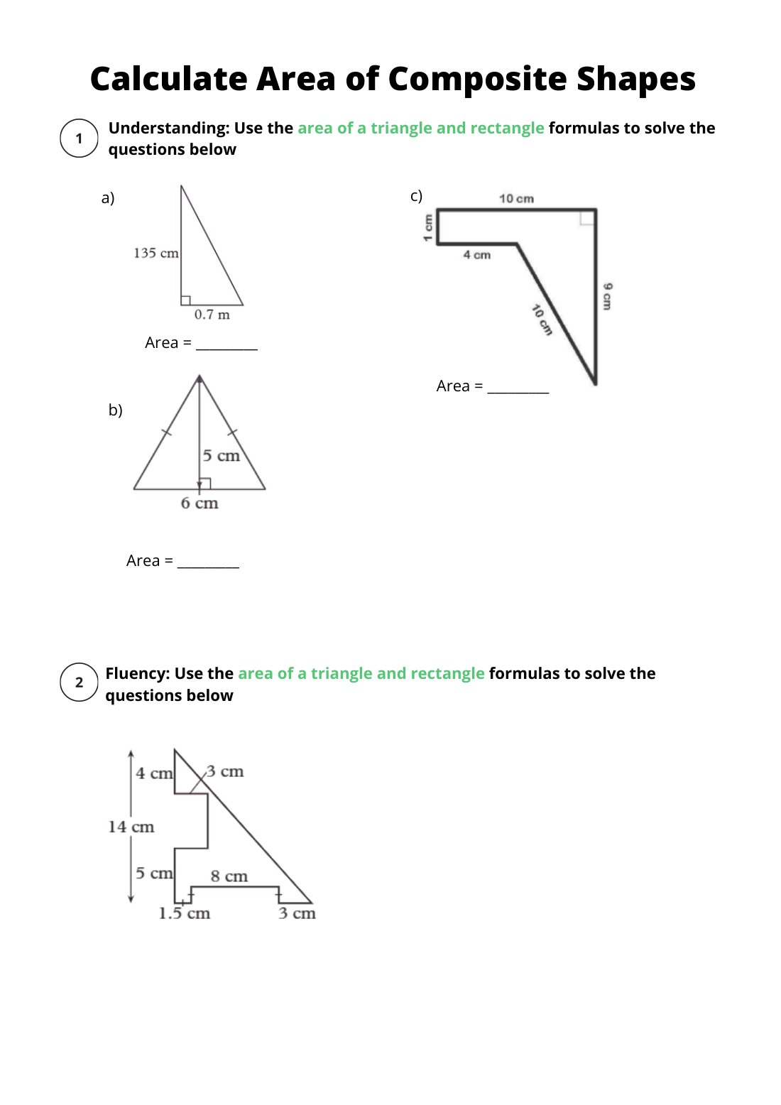 First page of Calculate Area of Composite Shapes Worksheet