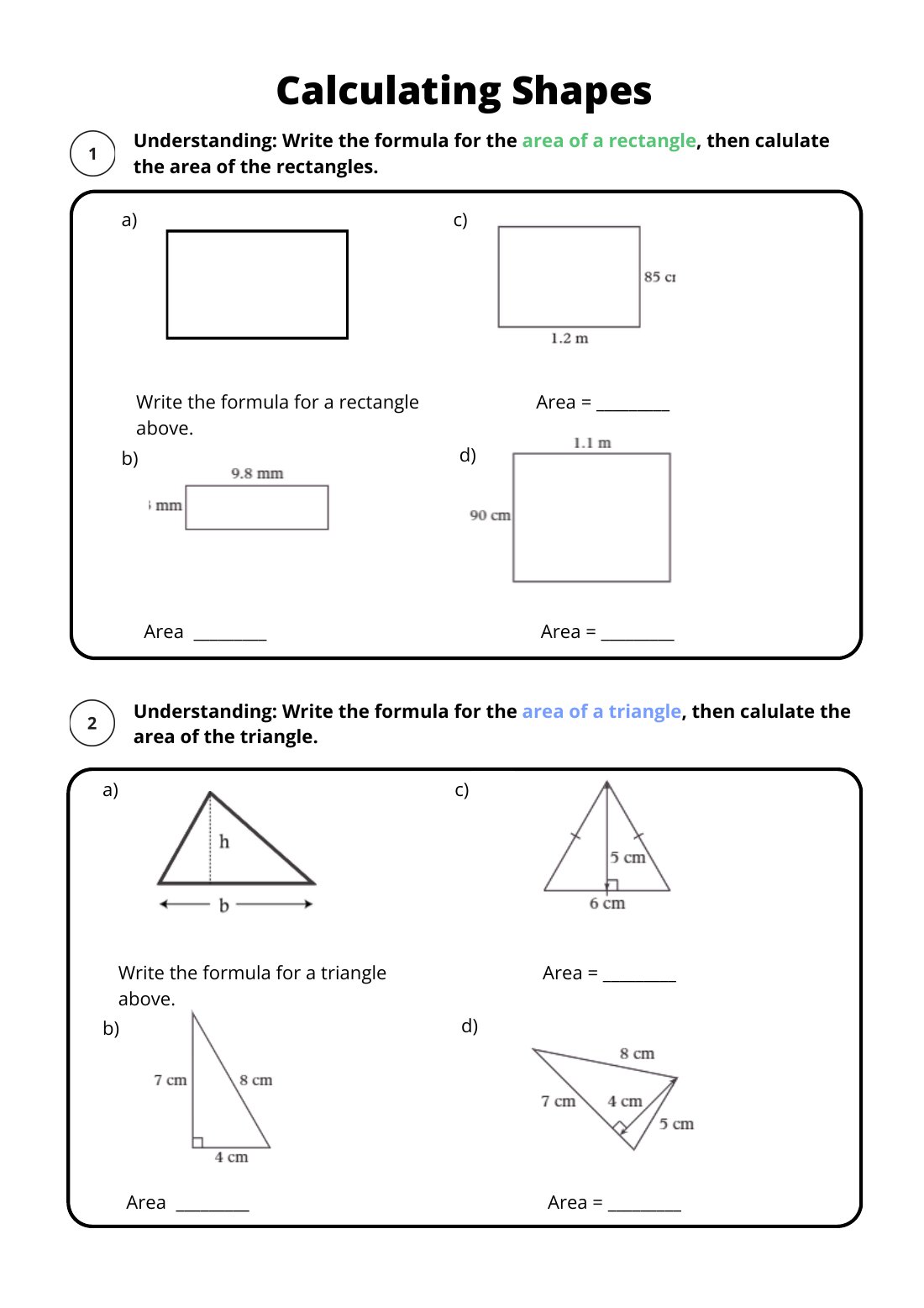 First page of Calculating Shapes Worksheet