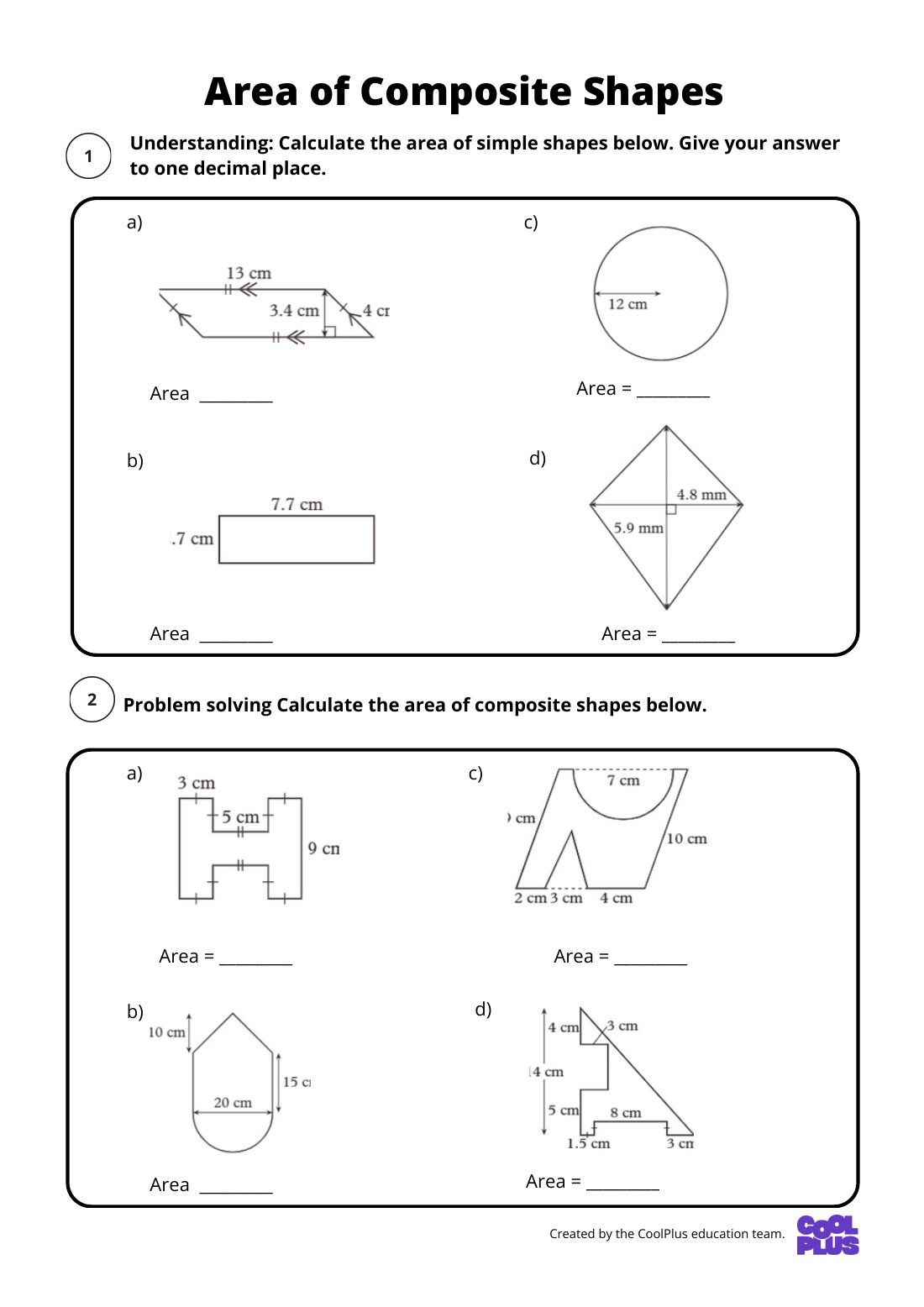 First page of Area of Composite Shapes Worksheet