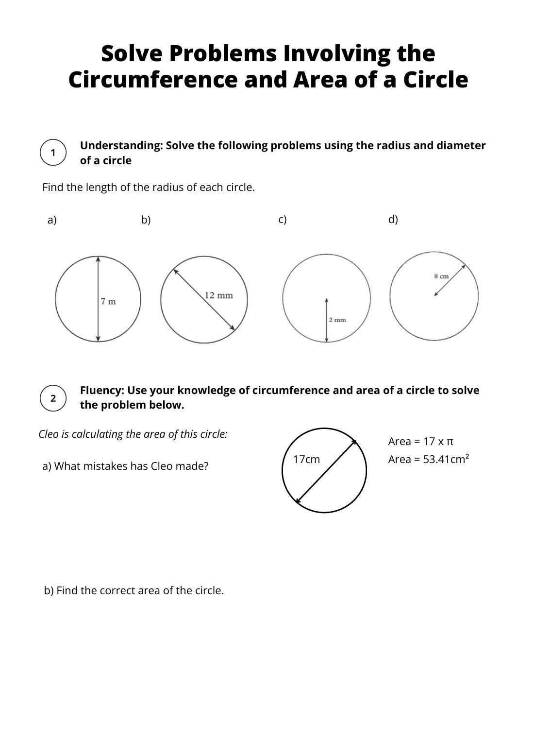 First page of Solve Problems Involving the Circumference and Area of a Circle Worksheet