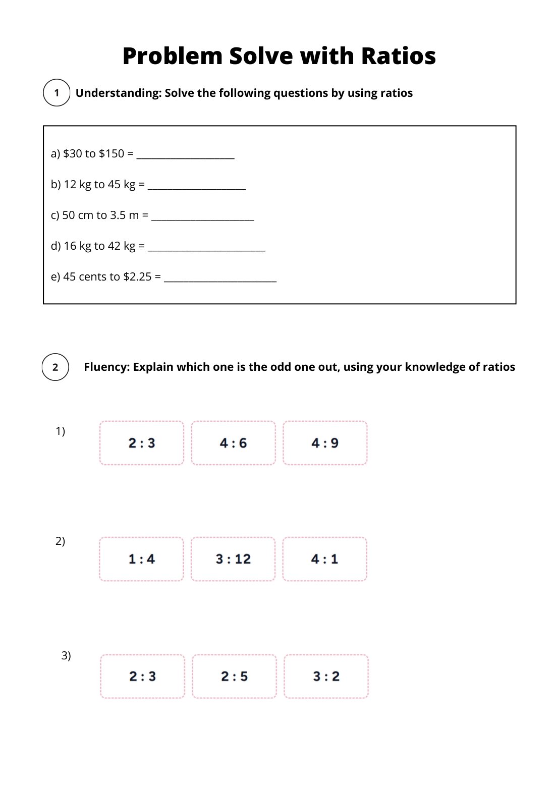 First page of Problem Solve with Ratios Worksheet