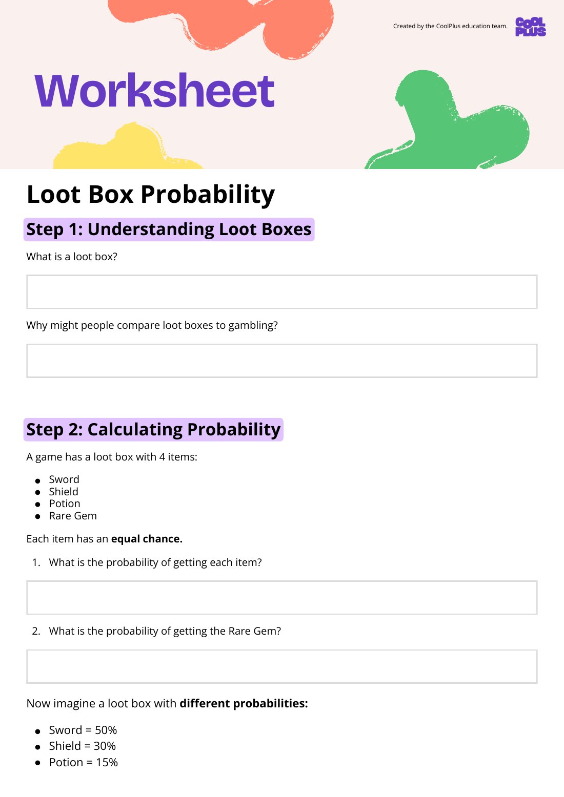 First page of Loot Box Probability Student Worksheet