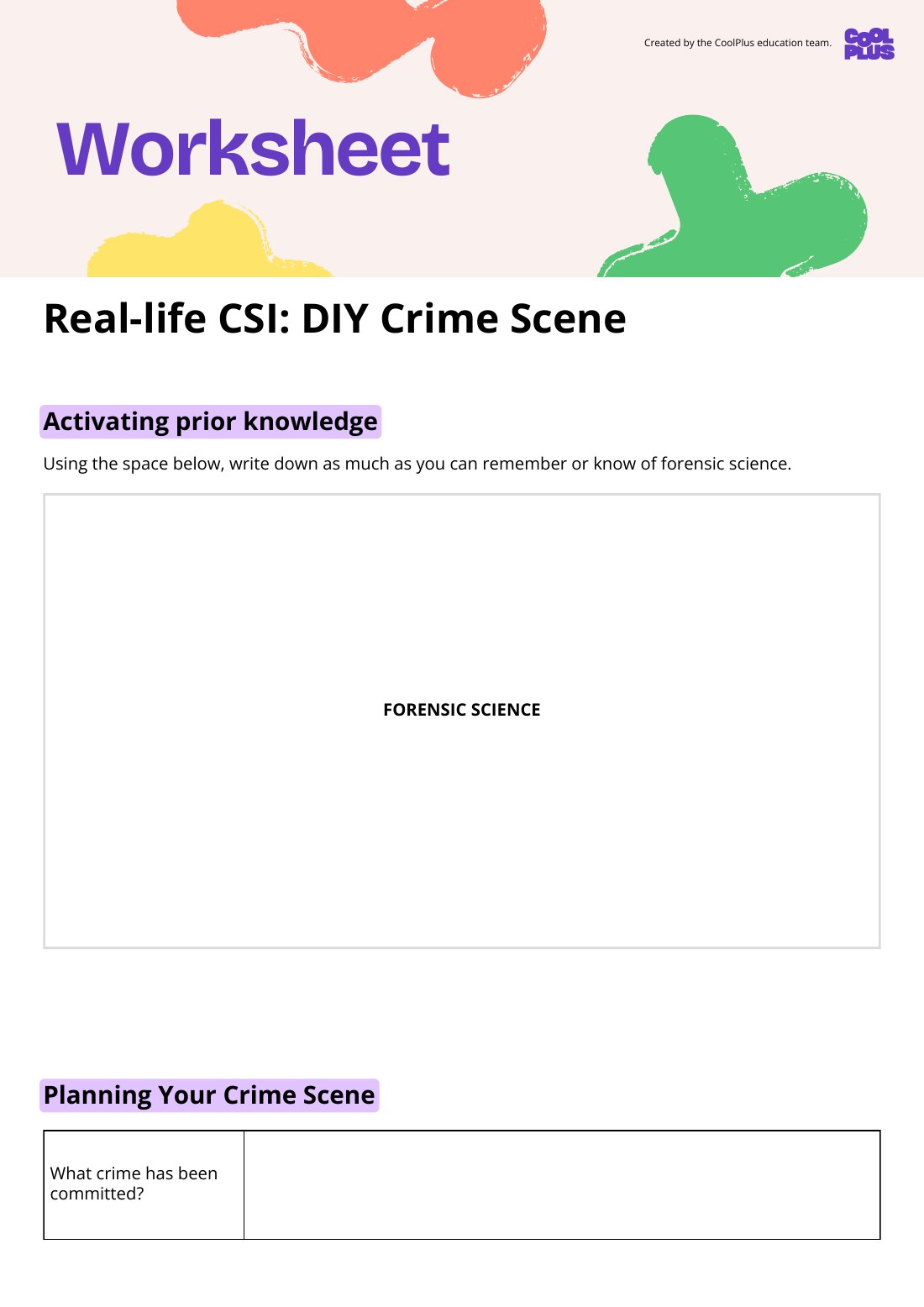 First page of Real-life CSI: DIY Crime Scene Planning Worksheet