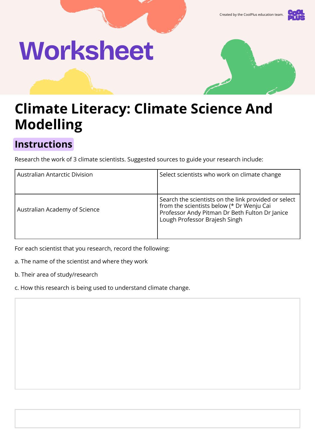 First page of Climate Literacy: Climate Science And Modelling Worksheet