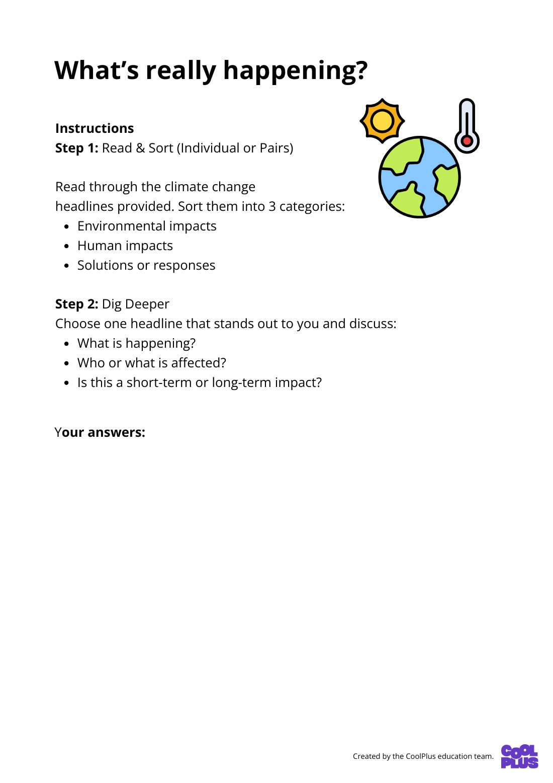 First page of Climate Change News Headlines Worksheet