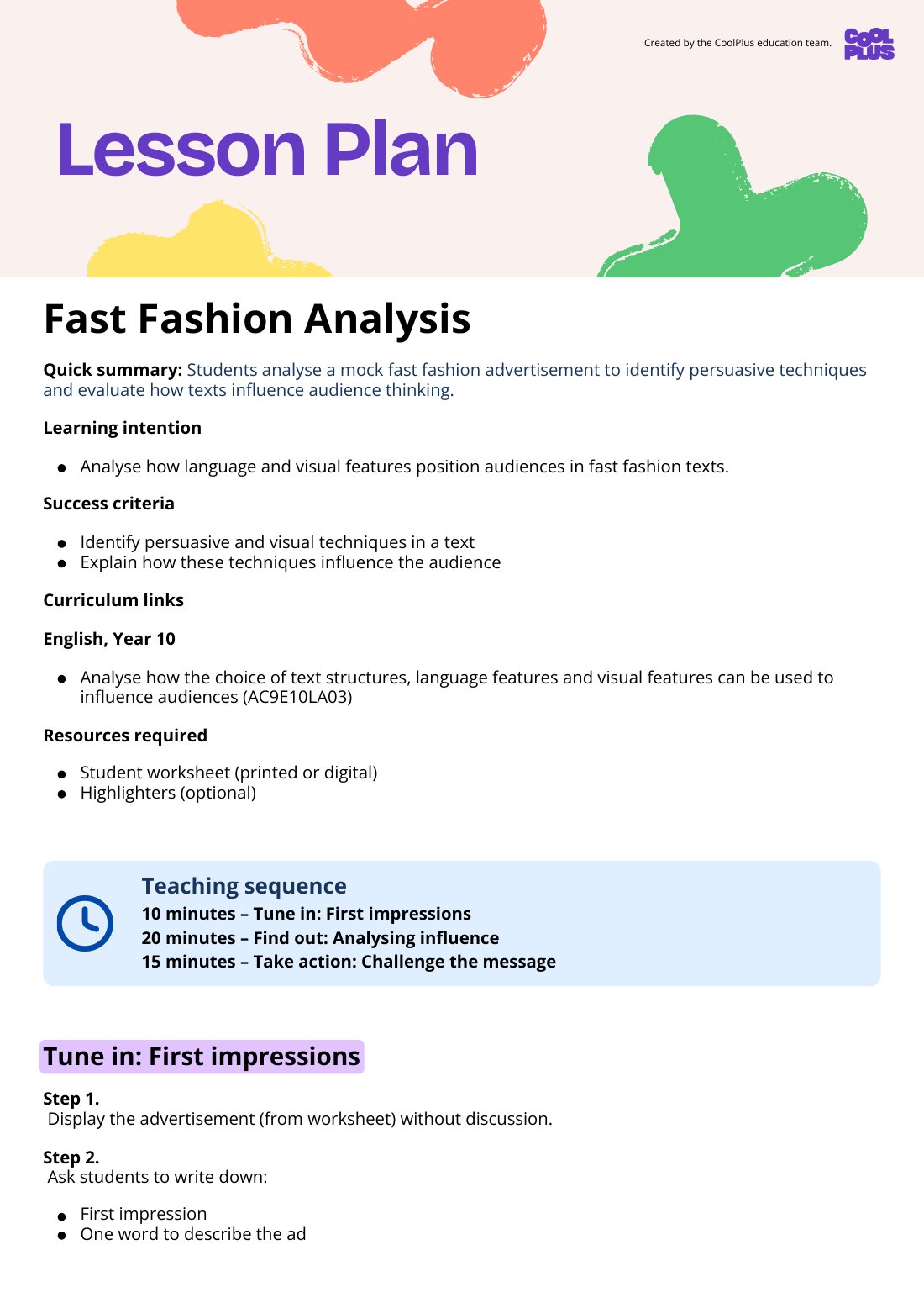First page of Fast Fashion Analysis Lesson Plan