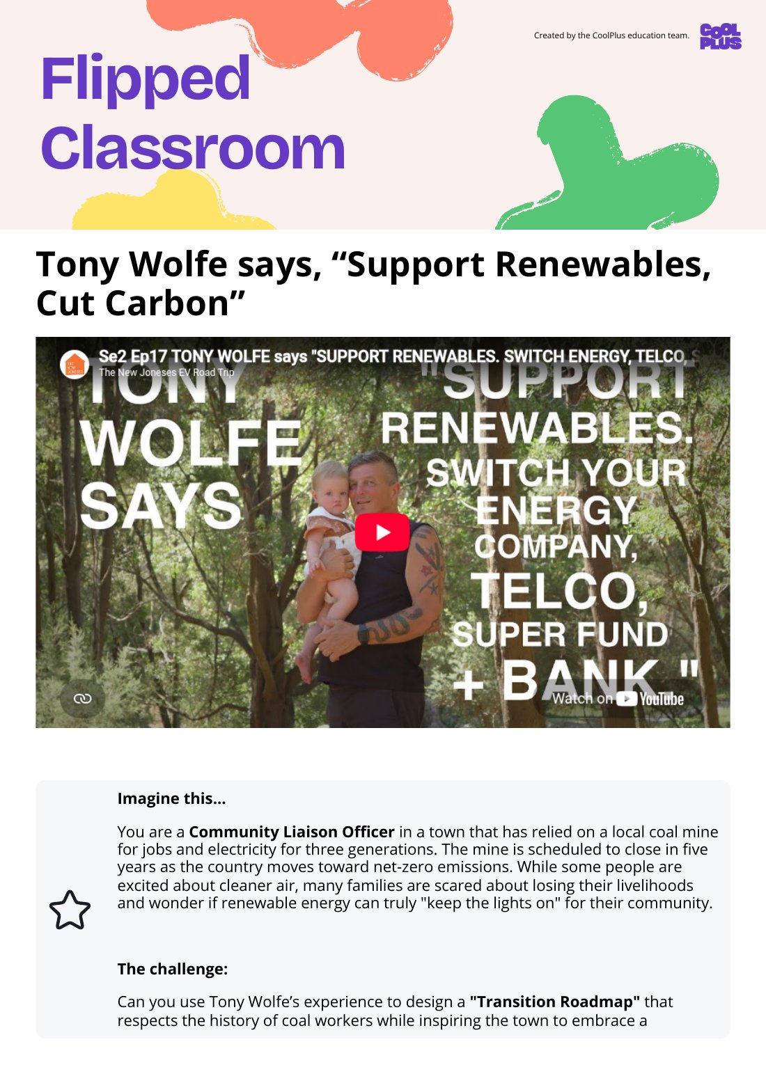 First page of Flipped Classroom Tony Wolfe says “Support Renewables, Cut Carbon” Worksheet