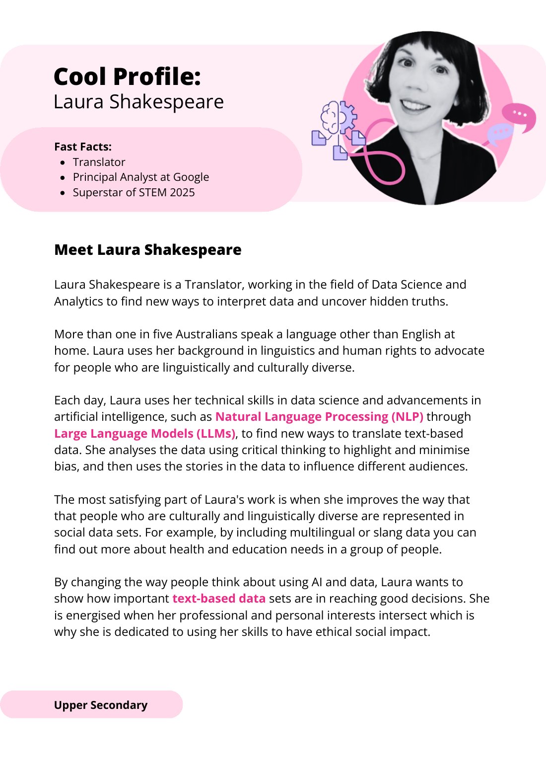 First page of Superstars of STEM Cool Profile Laura Shakespeare Digital Worksheet