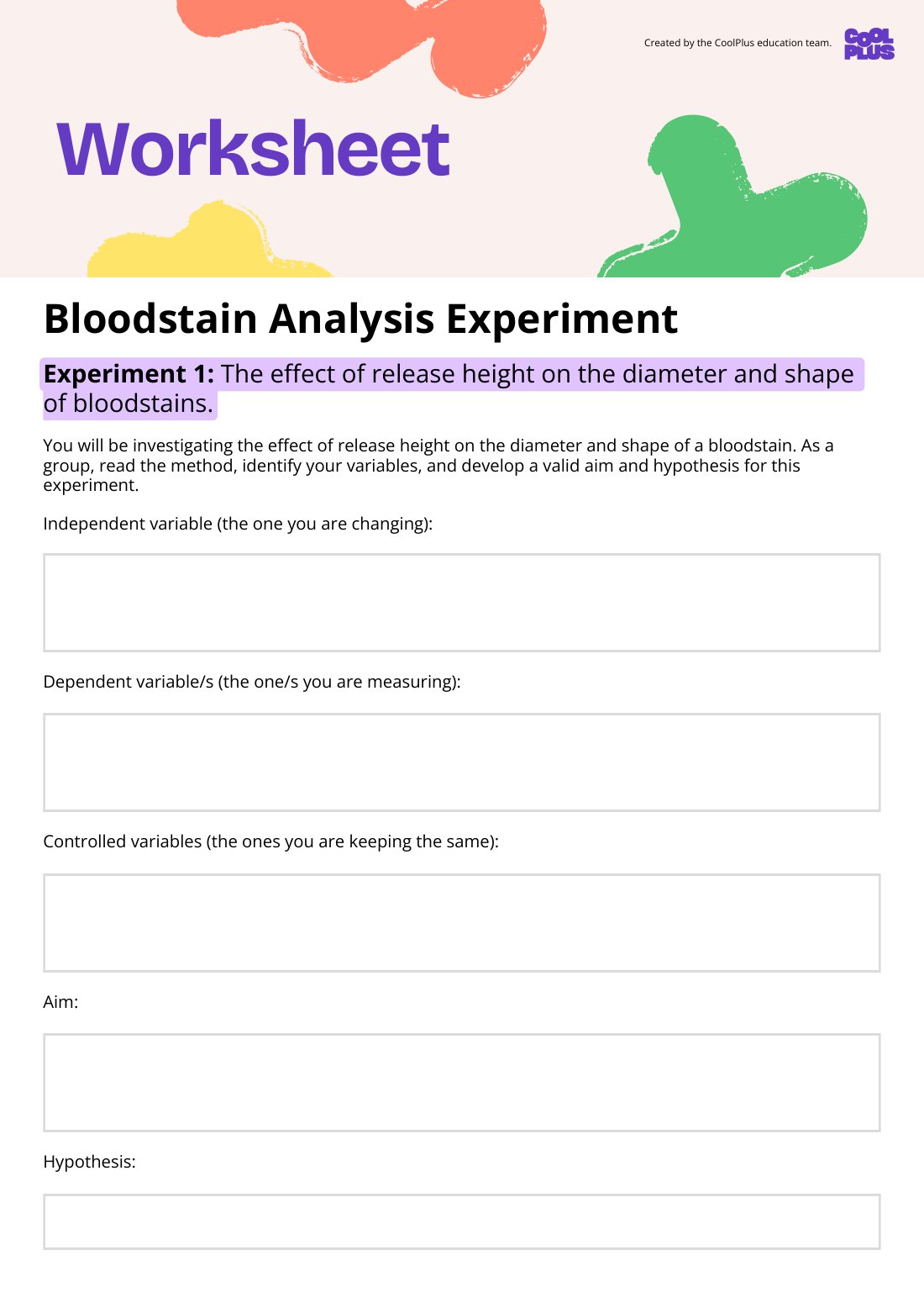 First page of Bloodstain Analysis Experiment Worksheet
