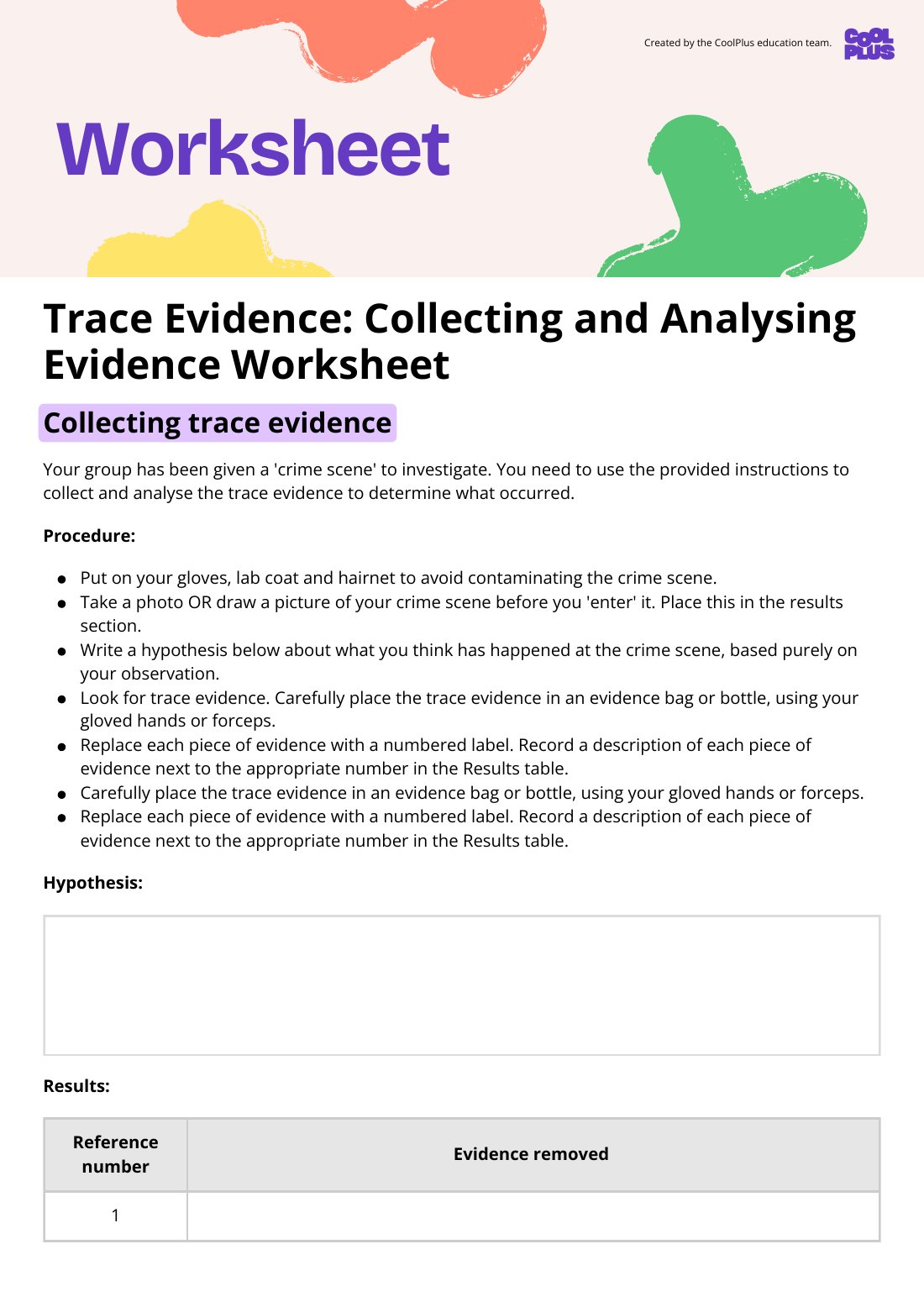 First page of Trace Evidence: Collecting and Analysing Evidence Worksheet