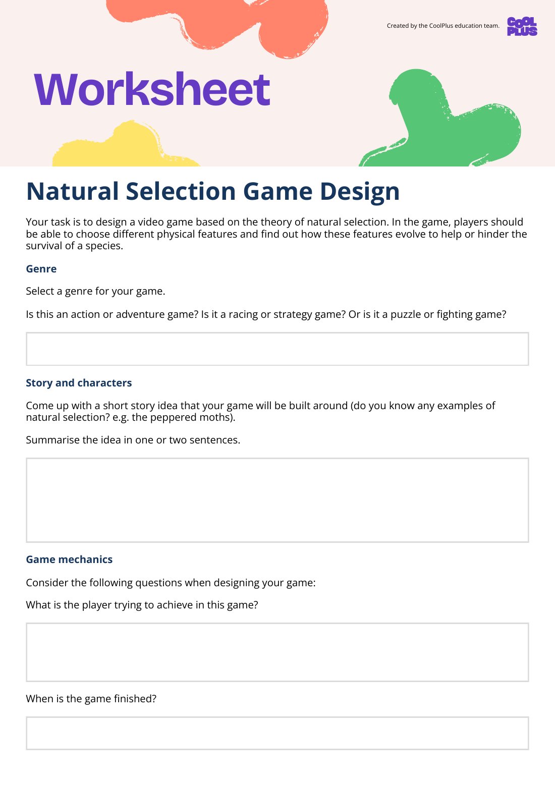 First page of Natural Selection Game Design Worksheet