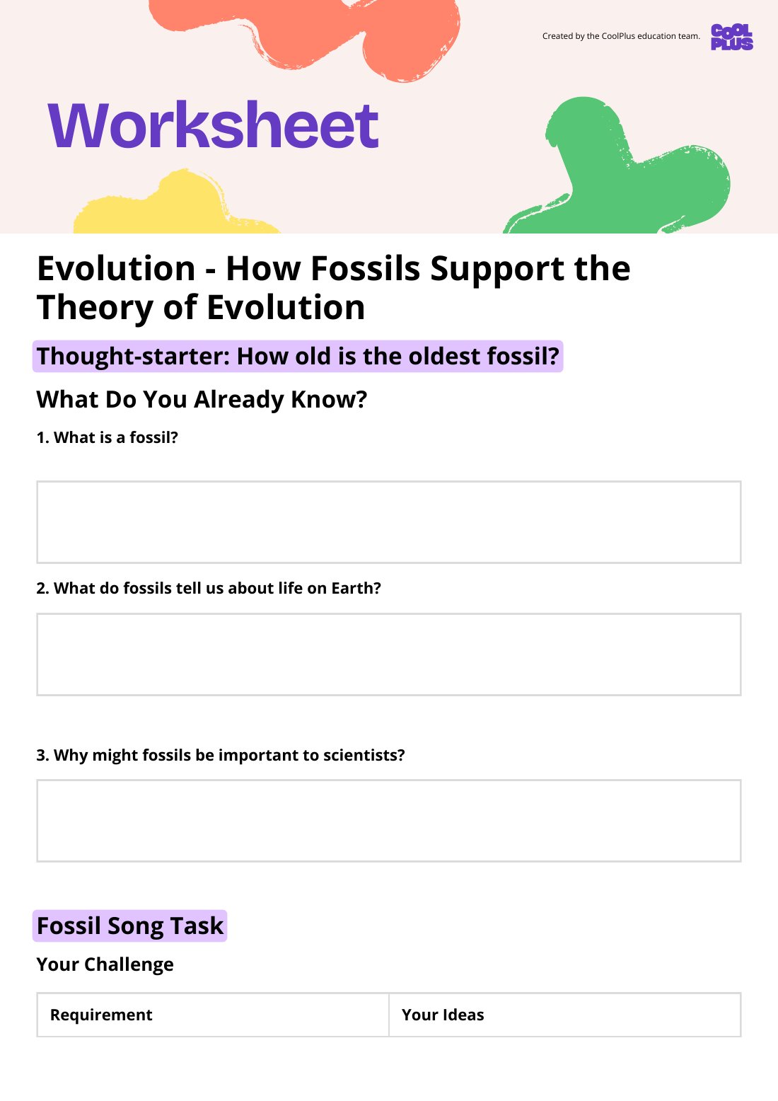 First page of How Fossils Support the Theory of Evolution Student Worksheet