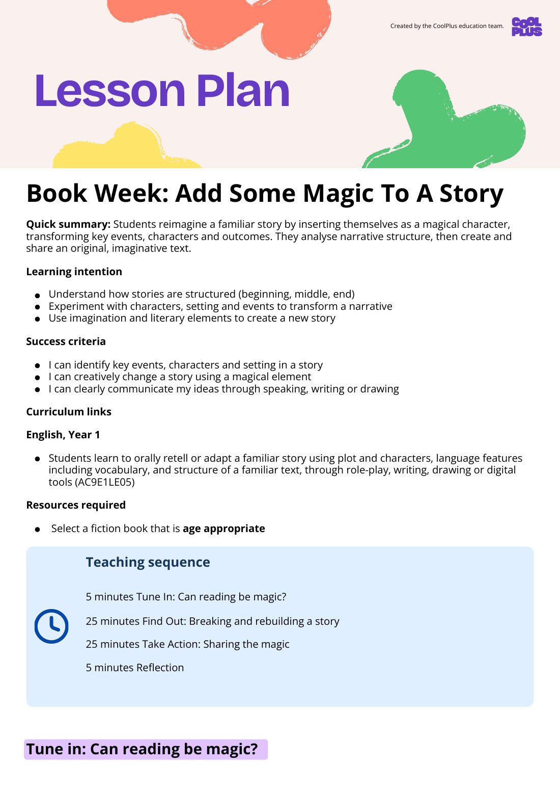 First page of Book Week: Add Some Magic To A Story Lesson Plan