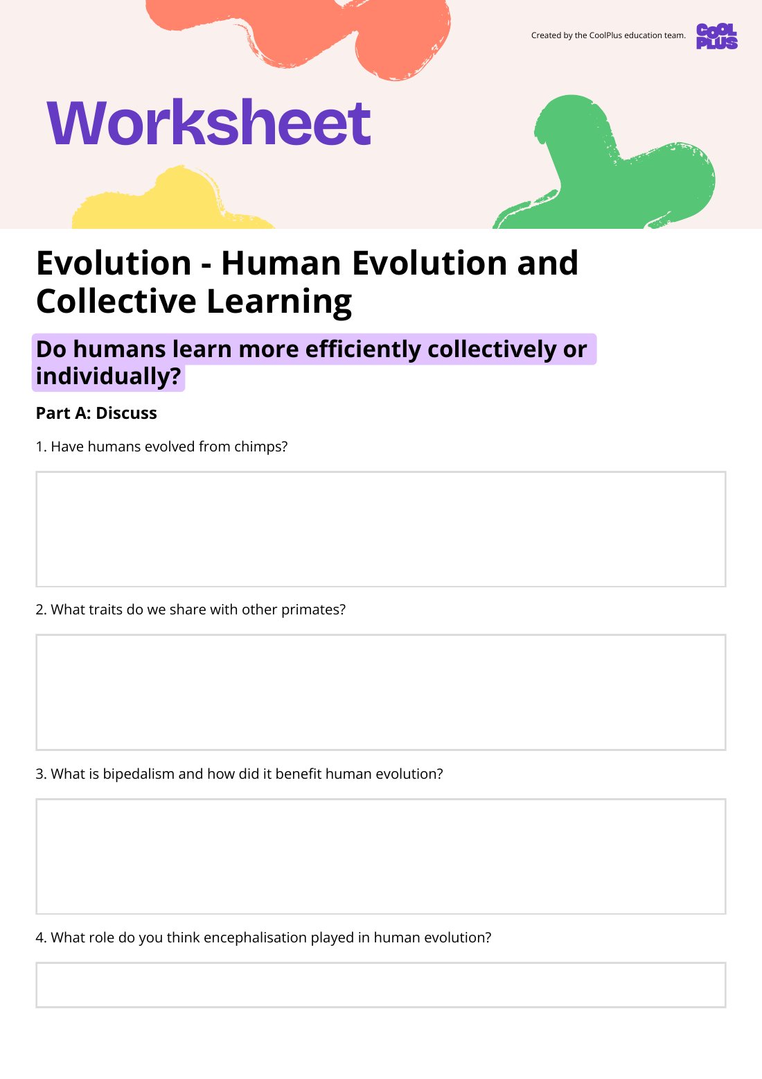 First page of Evolution - Human Evolution and Collective Learning Worksheet