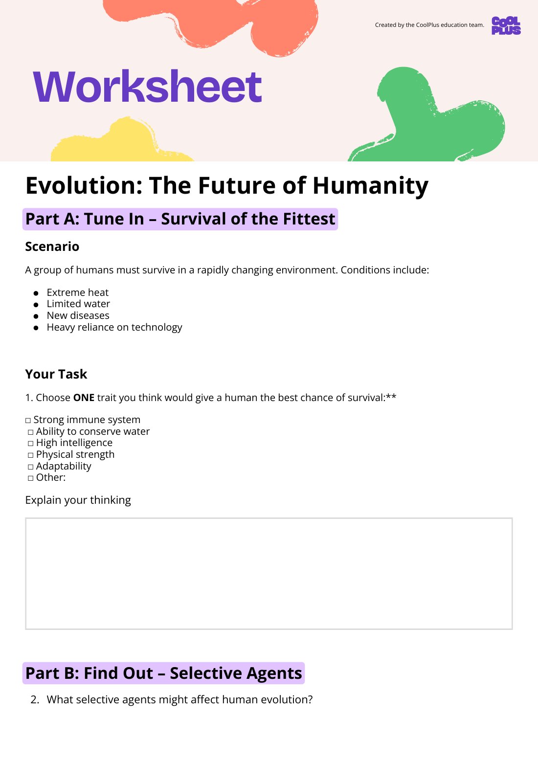 First page of Evolution: The Future of Humanity Worksheet