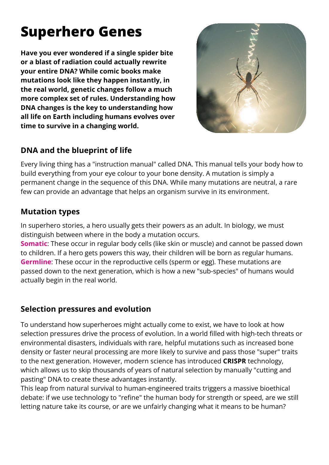First page of Superhero Genes Woksheet