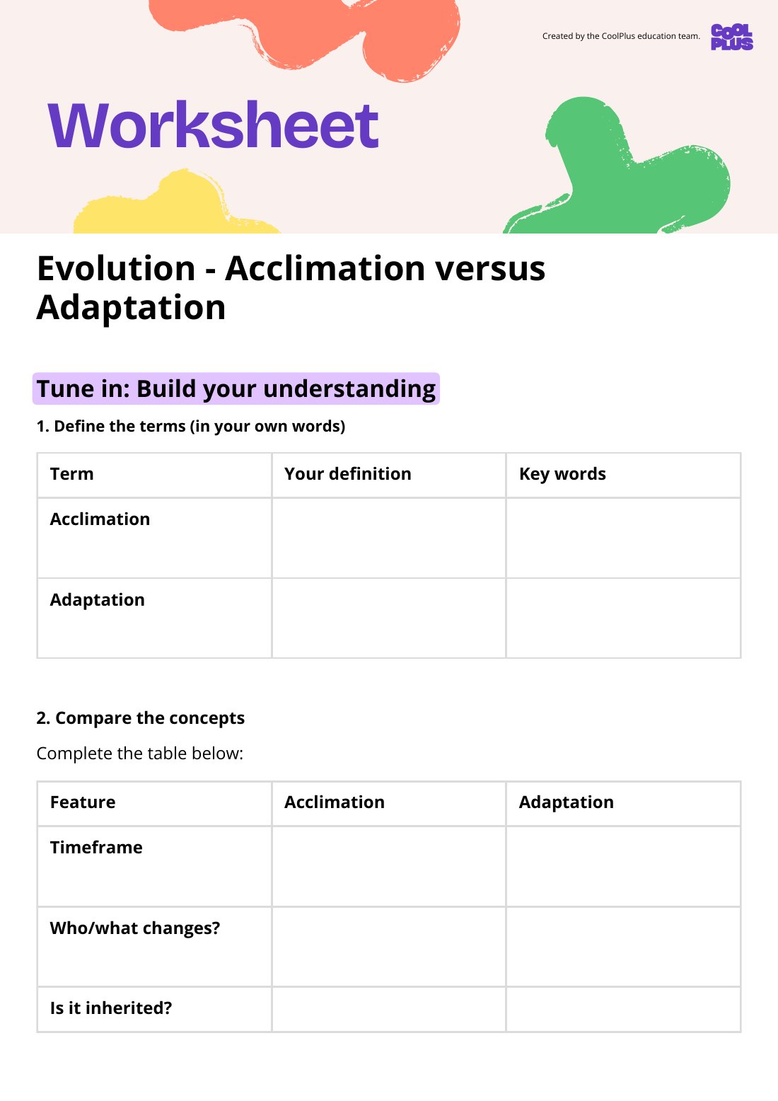 First page of Evolution - Acclimation versus Adaptation Student Worksheet