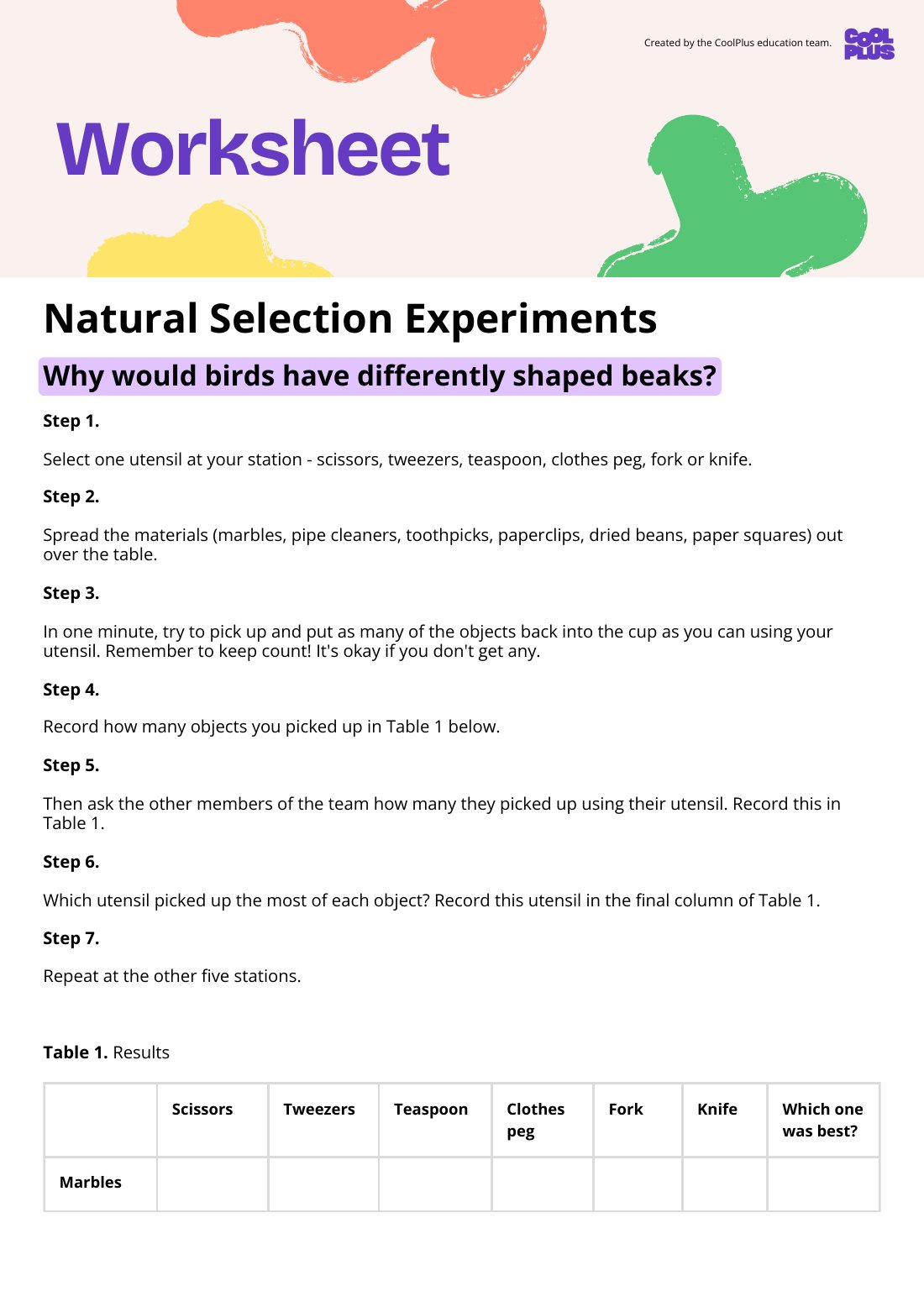 First page of Natural Selection Experiments Worksheet