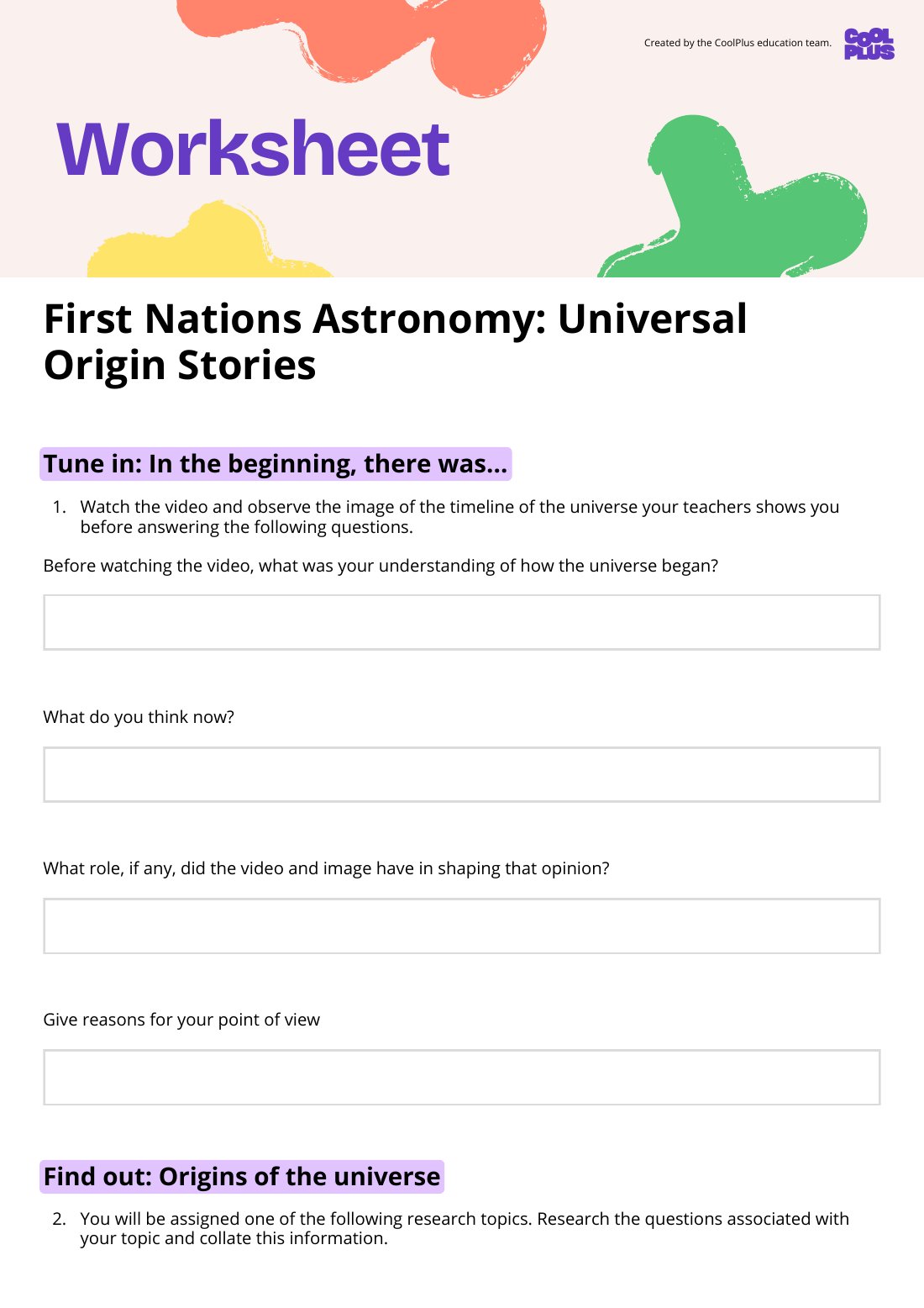 First page of First Nations Astronomy: Universal Origin Stories Worksheet