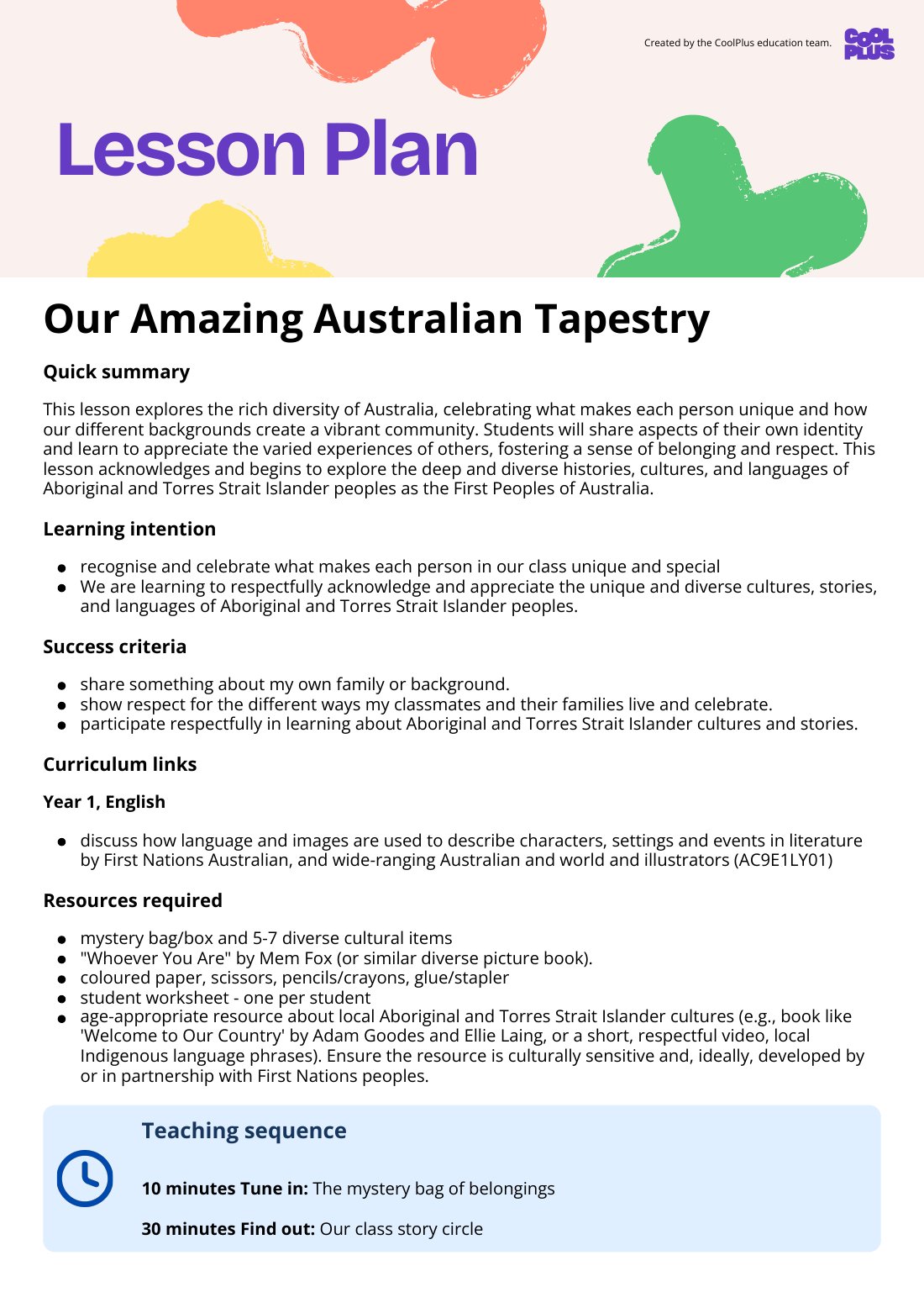 First page of Our Amazing Australian Tapestry Lesson Plan