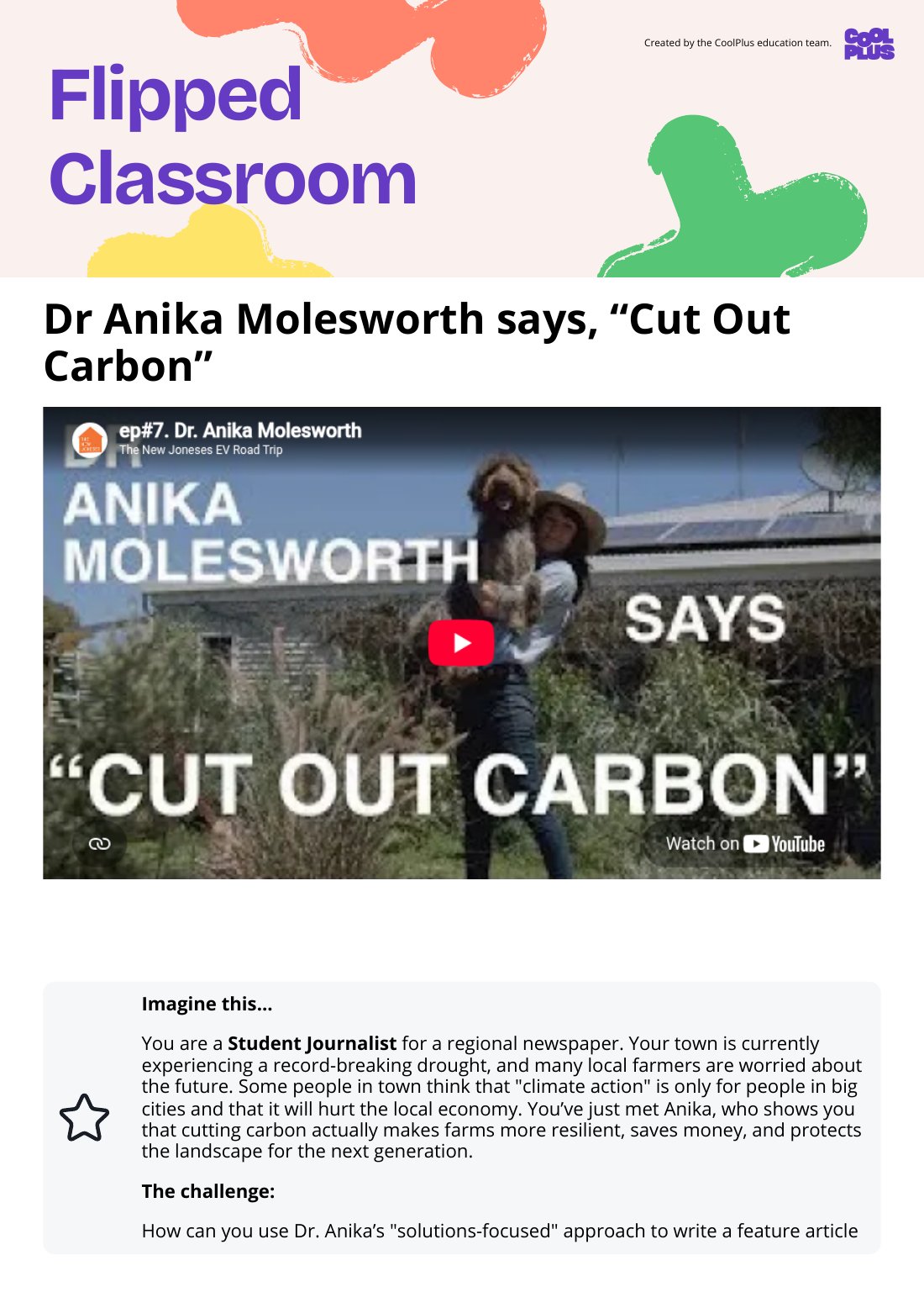 First page of Flipped Classroom Dr Anika Molesworth says, “Cut Out Carbon” Worksheet
