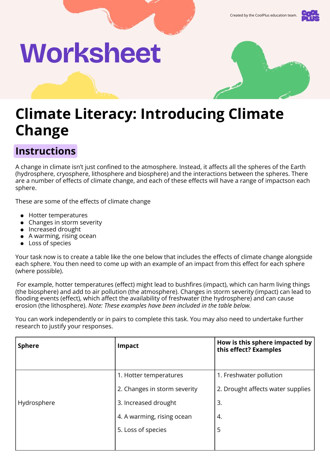 First page of Climate Literacy: Introducing Climate Change Worksheet