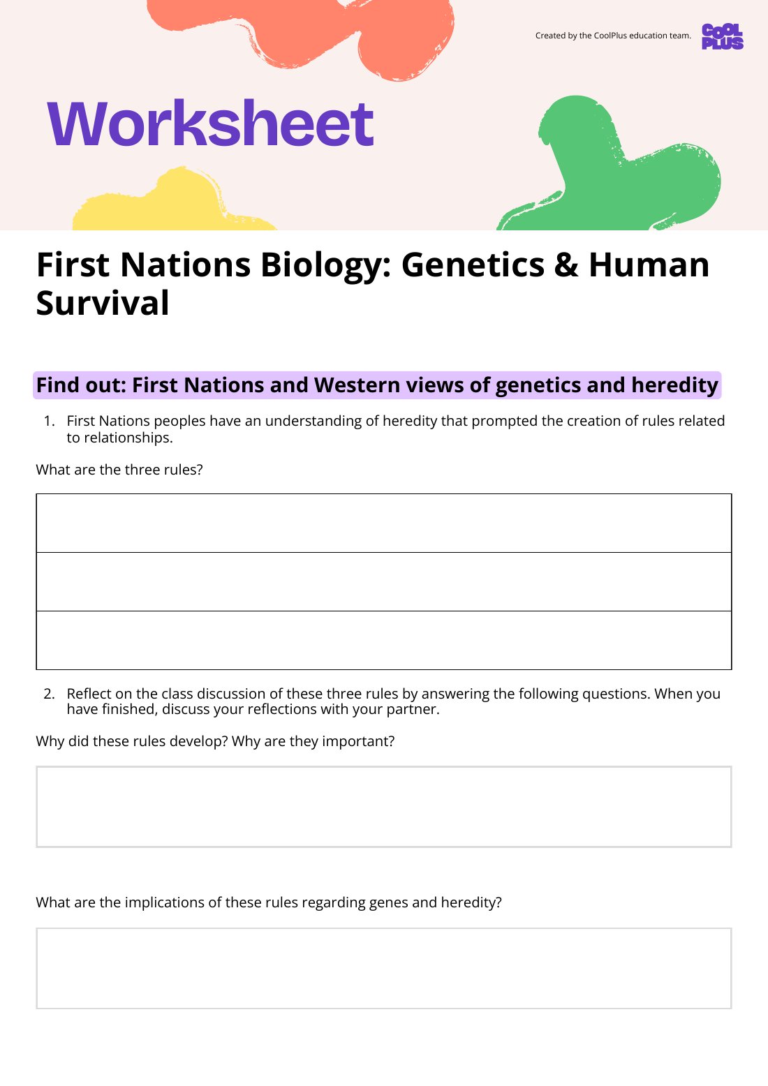 First page of First Nations Biology: Genetics & Human Survival Worksheet