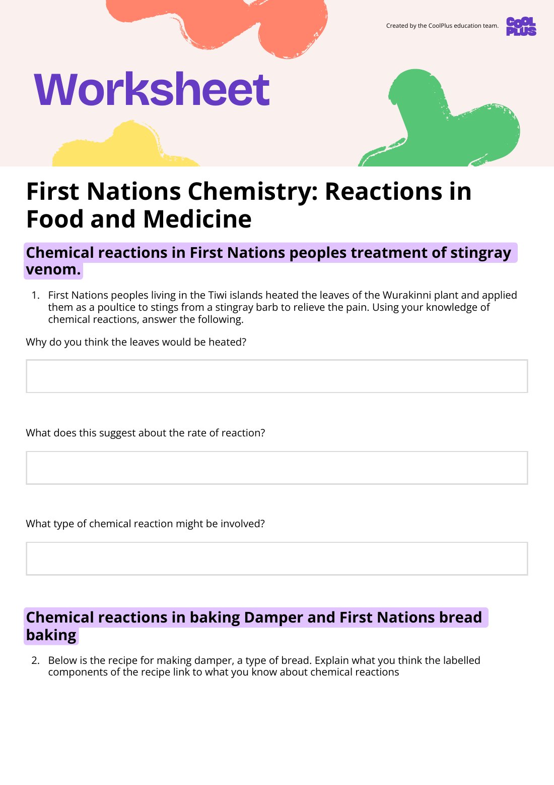 First page of First Nations Chemistry: Reactions in Food and Medicine Worksheet