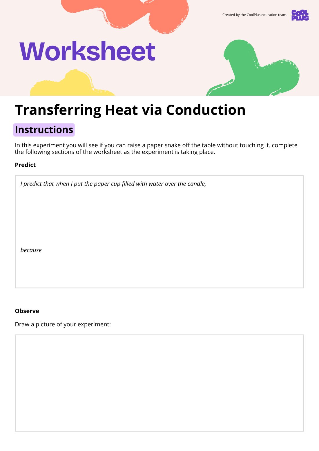 First page of Transferring Heat via Conduction Student Worksheet