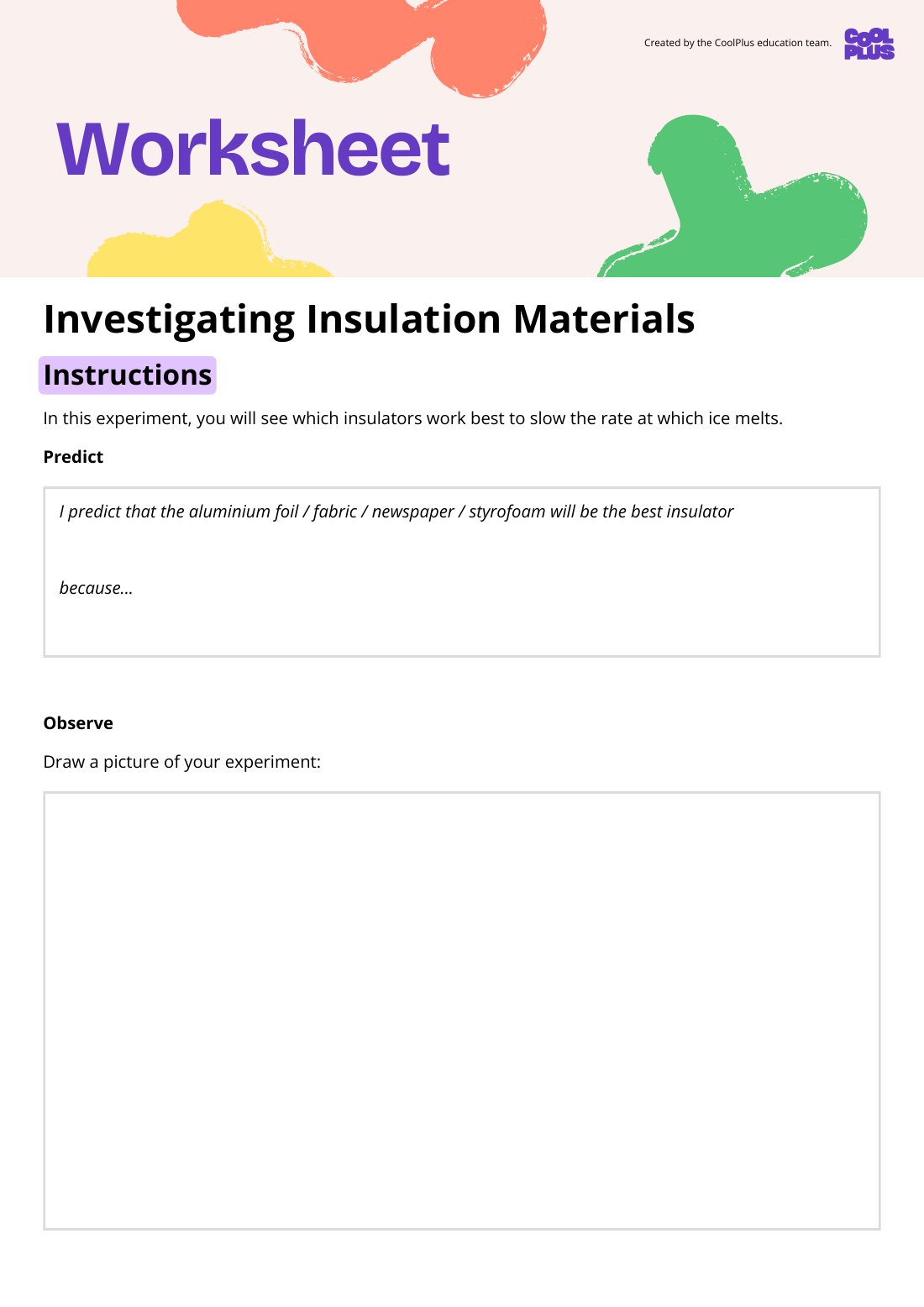First page of Investigating Insulation Materials Worksheet