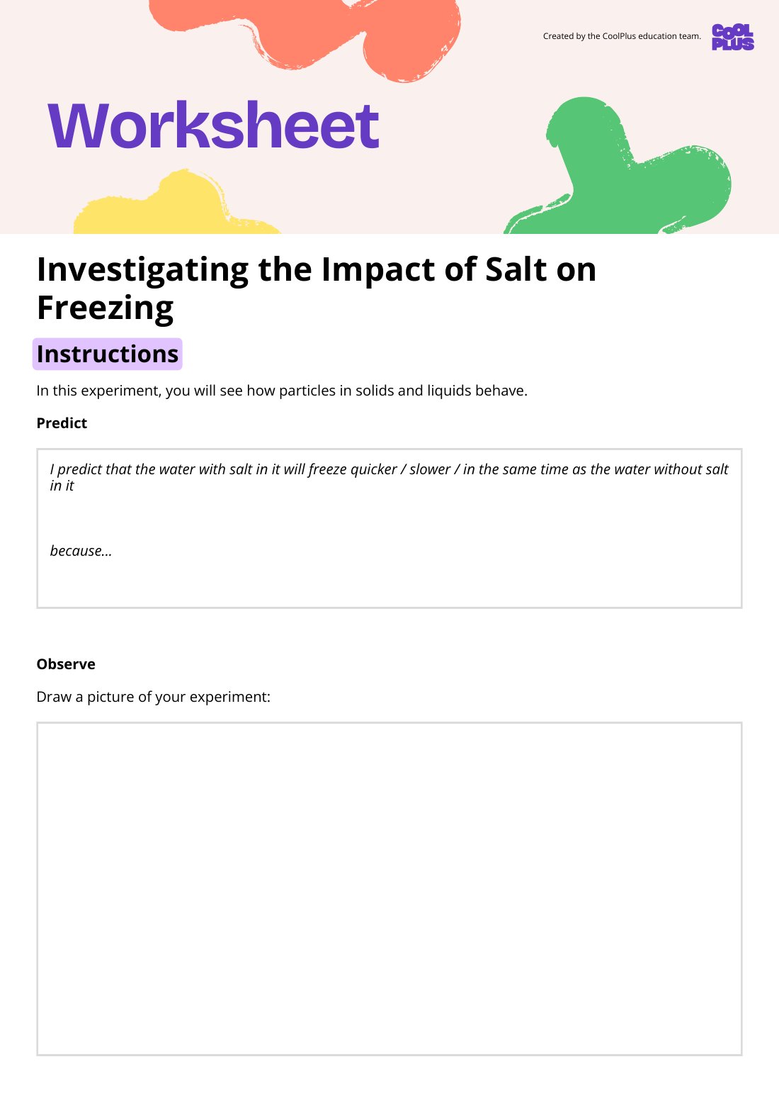 First page of Investigating the Impact of Salt on Freezing Worksheet