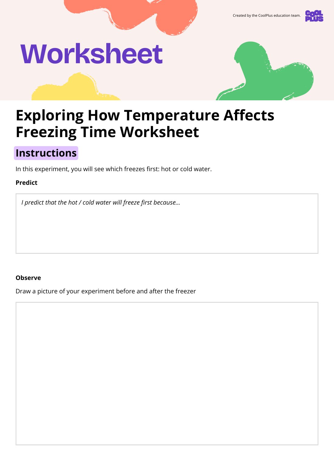 First page of Exploring How Temperature Affects Freezing Time Worksheet
