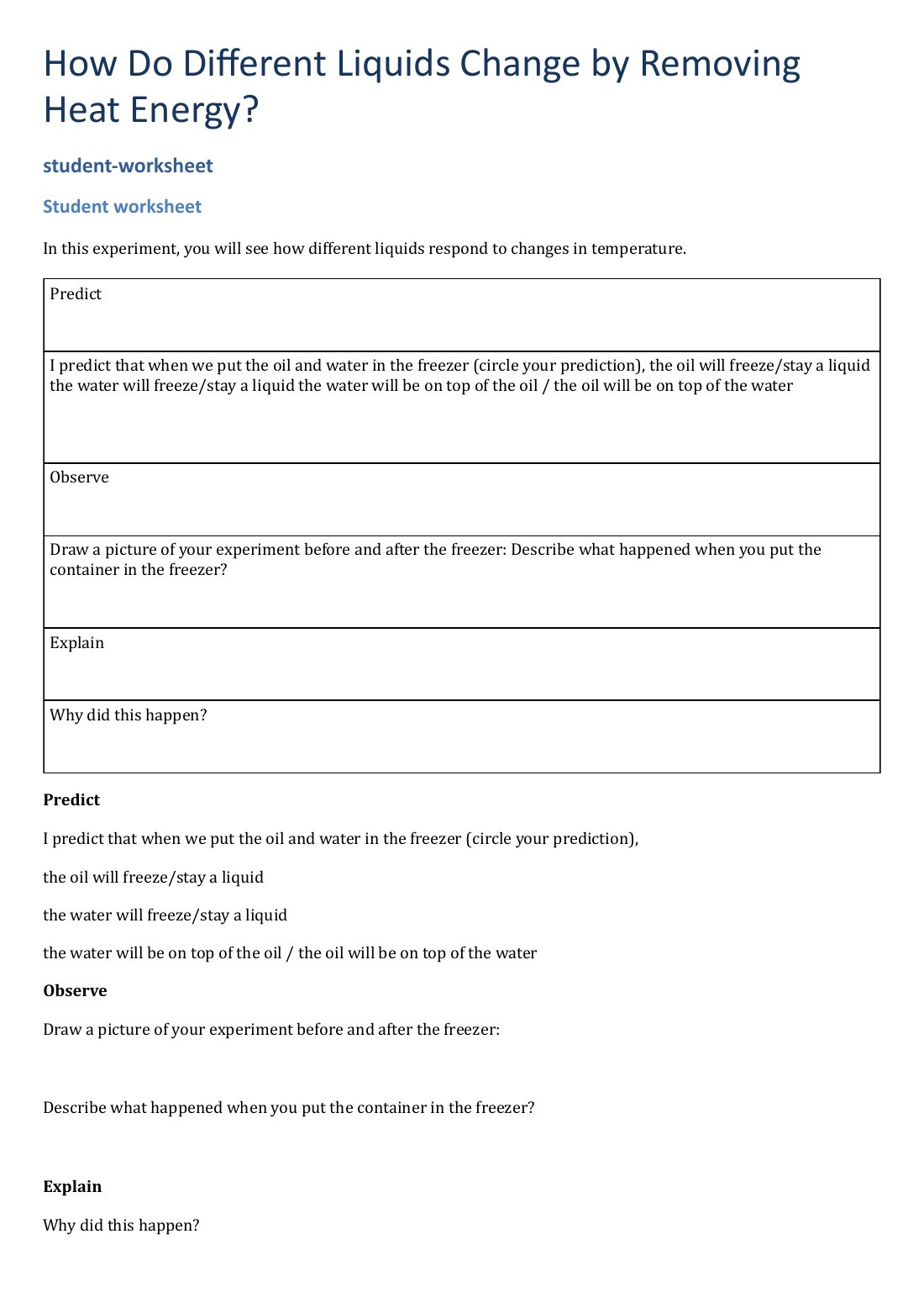 First page of How Do Different Liquids Change by Removing Heat Energy? Worksheet