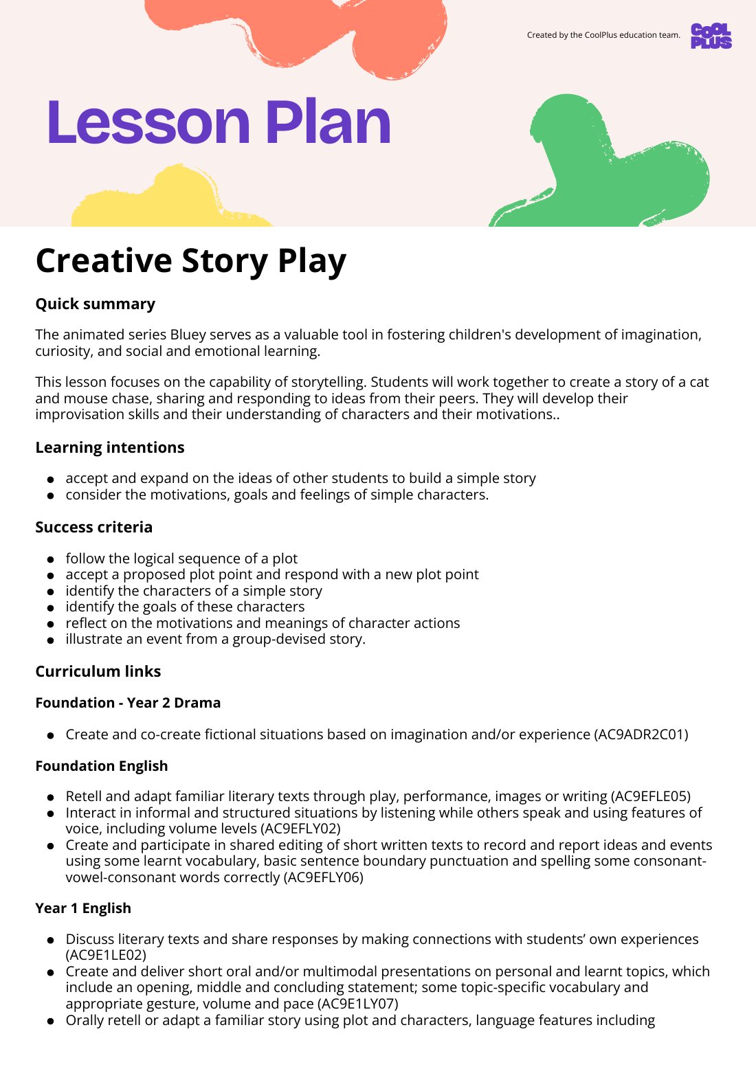 First page of Creative Story Play Lesson Plan