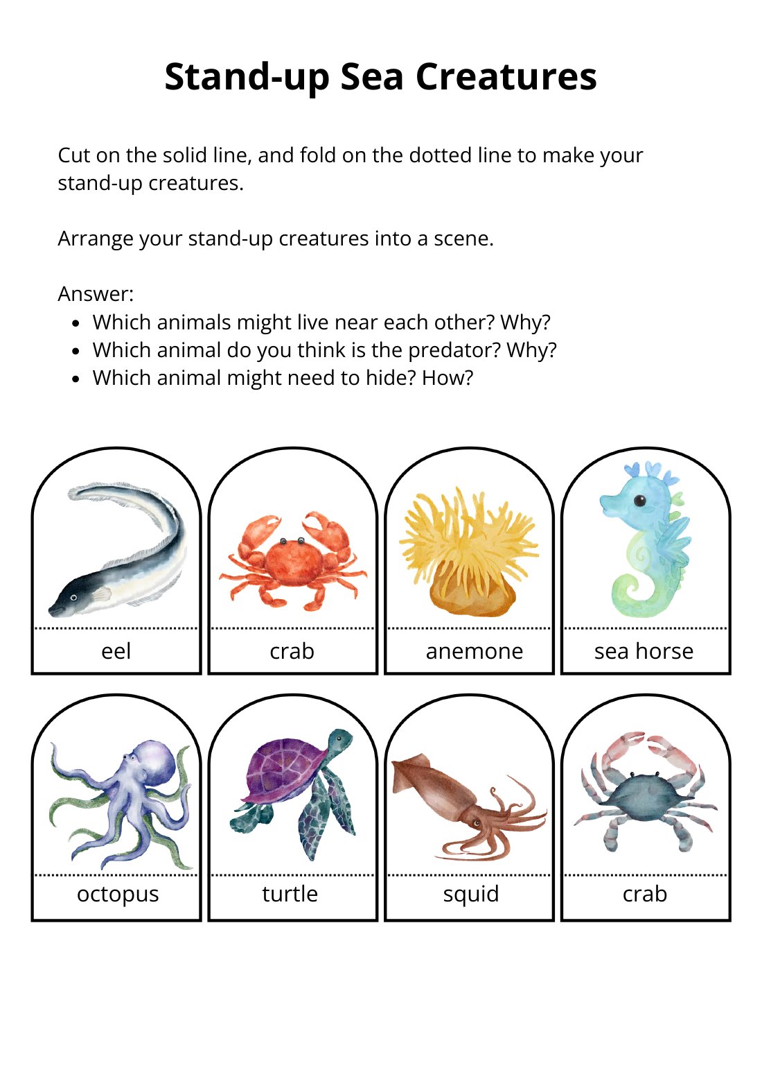 First page of Stand Up Sea Creatures Worksheet
