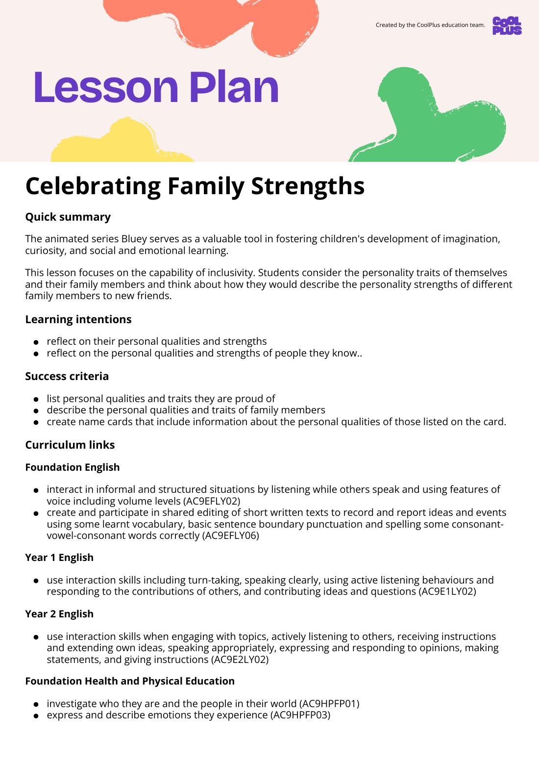 First page of Celebrating Family Strengths Lesson Plan